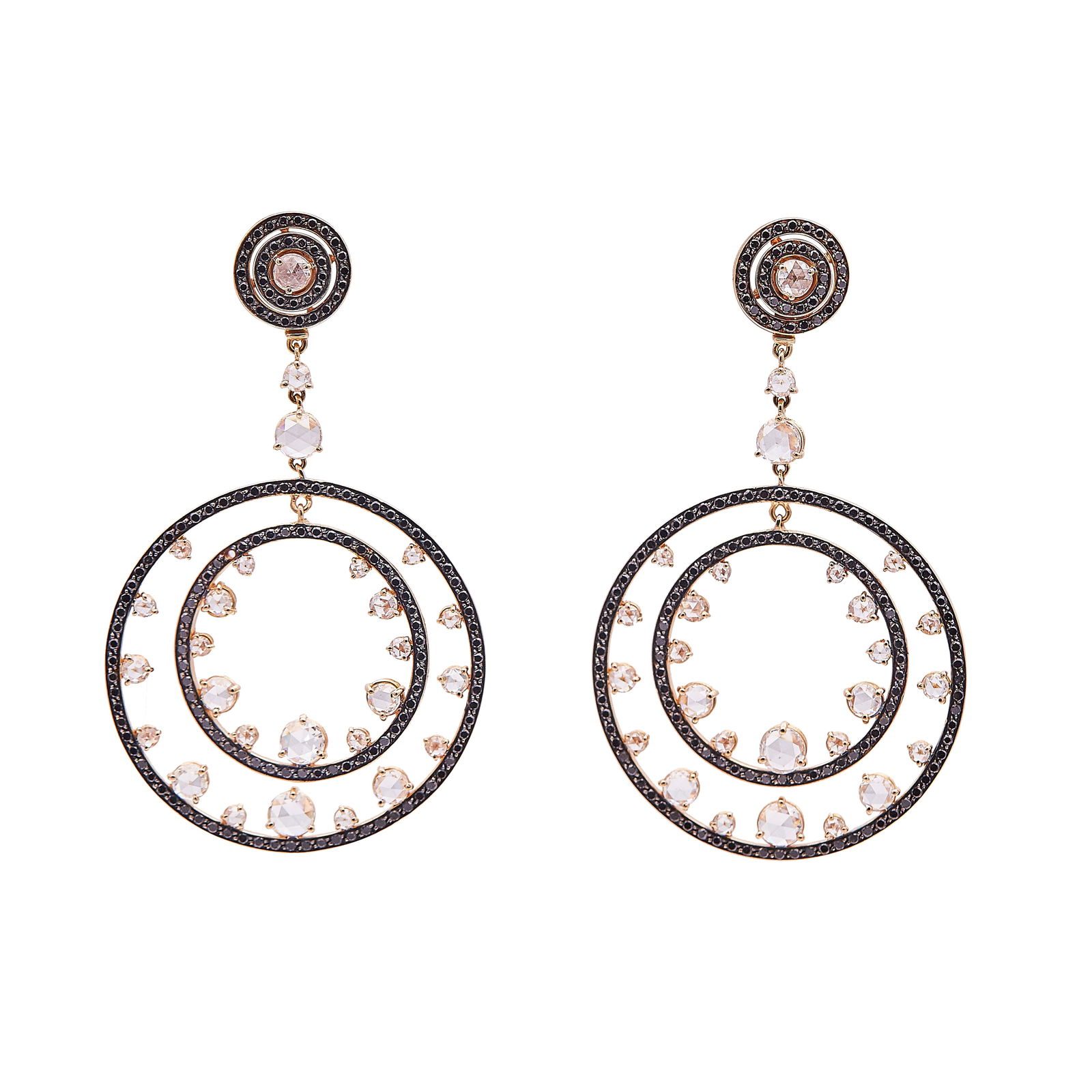 18K Yellow Gold Rose Cut and Black Diamond Day-to-Night Pendant Earrings: METAL: 18K Yellow Gold; SHAPE: Rose Cut; APPROXIMATE TOTAL DIAMOND WEIGHT: 3.47 ctw; GEMSTONES: Approximate total carat weight is for rose cut and black diamonds; STAMPED: Backs marked 750; TESTED: 18