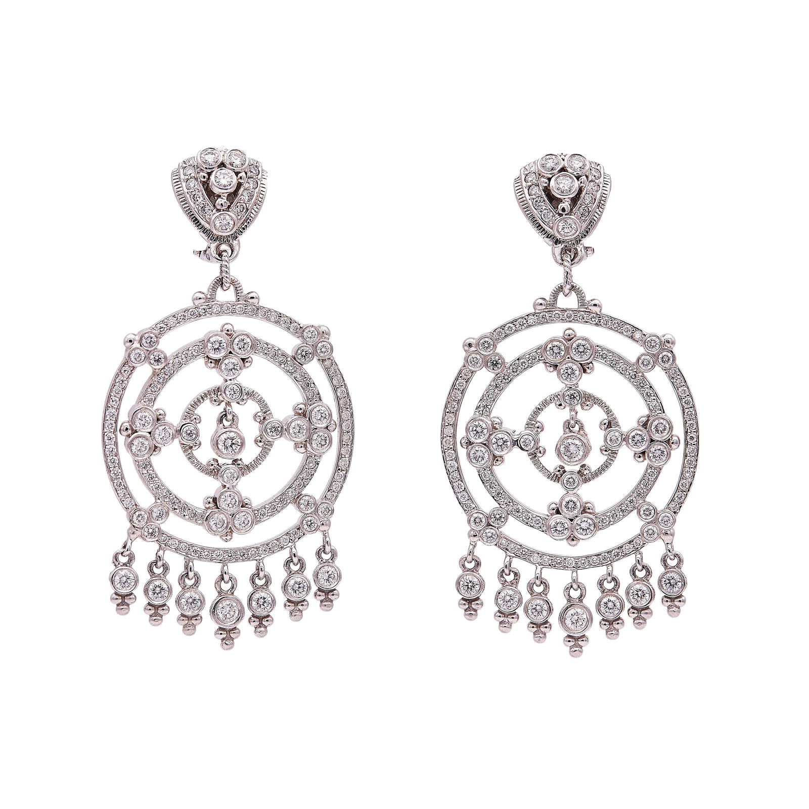 18K White Gold and Diamond Openwork Circular Pendant Earrings: METAL: 18K White Gold; APPROXIMATE TOTAL DIAMOND WEIGHT: 6 ctw; TESTED: 18K White Gold; CONDITION: Pre-owned, Very Good; ITEM WEIGHT (GRAMS): 32.6 g; MEASUREMENTS: Earrings 2 1/2 inches long x 1 1/4 i