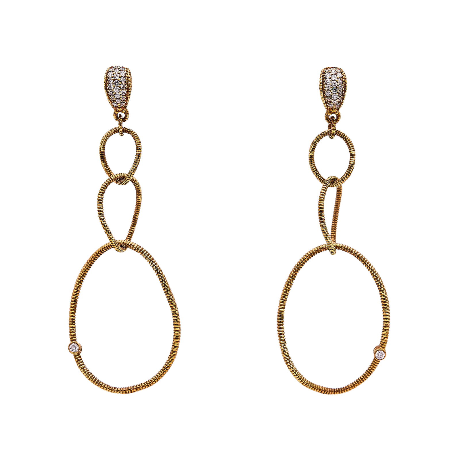 18K Yellow Gold and Diamond Tiered Oval Pendant Earrings: METAL: 18K Yellow Gold; APPROXIMATE TOTAL DIAMOND WEIGHT: 0.75 ctw; STAMPED: JR, 18K; CONDITION: Pre-owned, Very Good; ITEM WEIGHT (GRAMS): 17.5 g; MEASUREMENTS: Earrings 3 inches long; ADDITIONAL COM