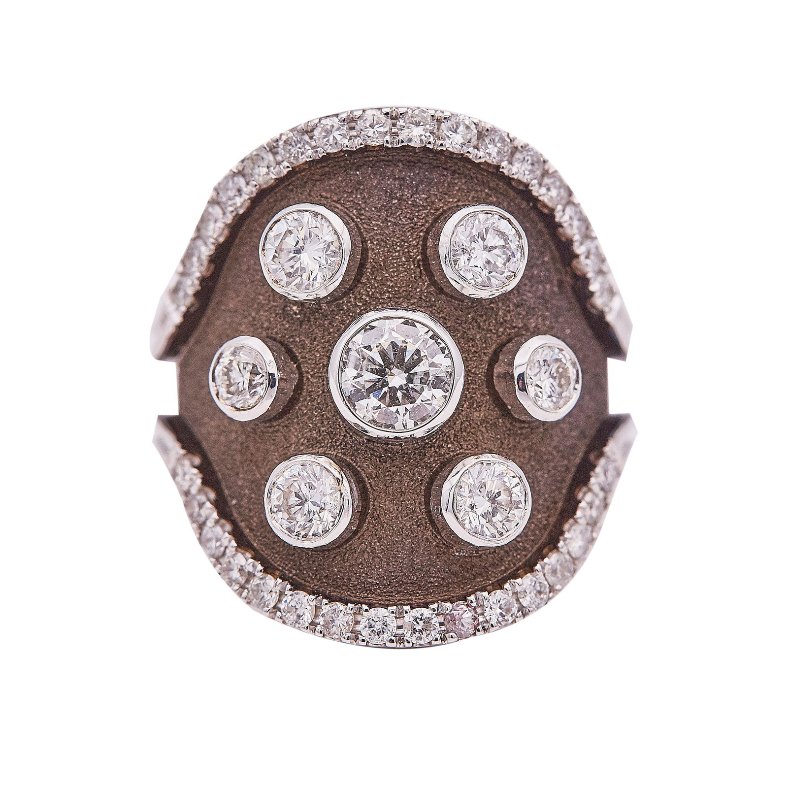 Polished and Textured 18K White Gold Ring and Diamond Plaque Ring: METAL: 18K White Gold; APPROXIMATE TOTAL DIAMOND WEIGHT: 1.86 ctw; STAMPED: G KIKAS, .61-750, Maker's mark; CONDITION: Pre-owned, Very Good; ITEM WEIGHT (GRAMS): 12.45 g; MEASUREMENTS: Ring size 7 3/4
