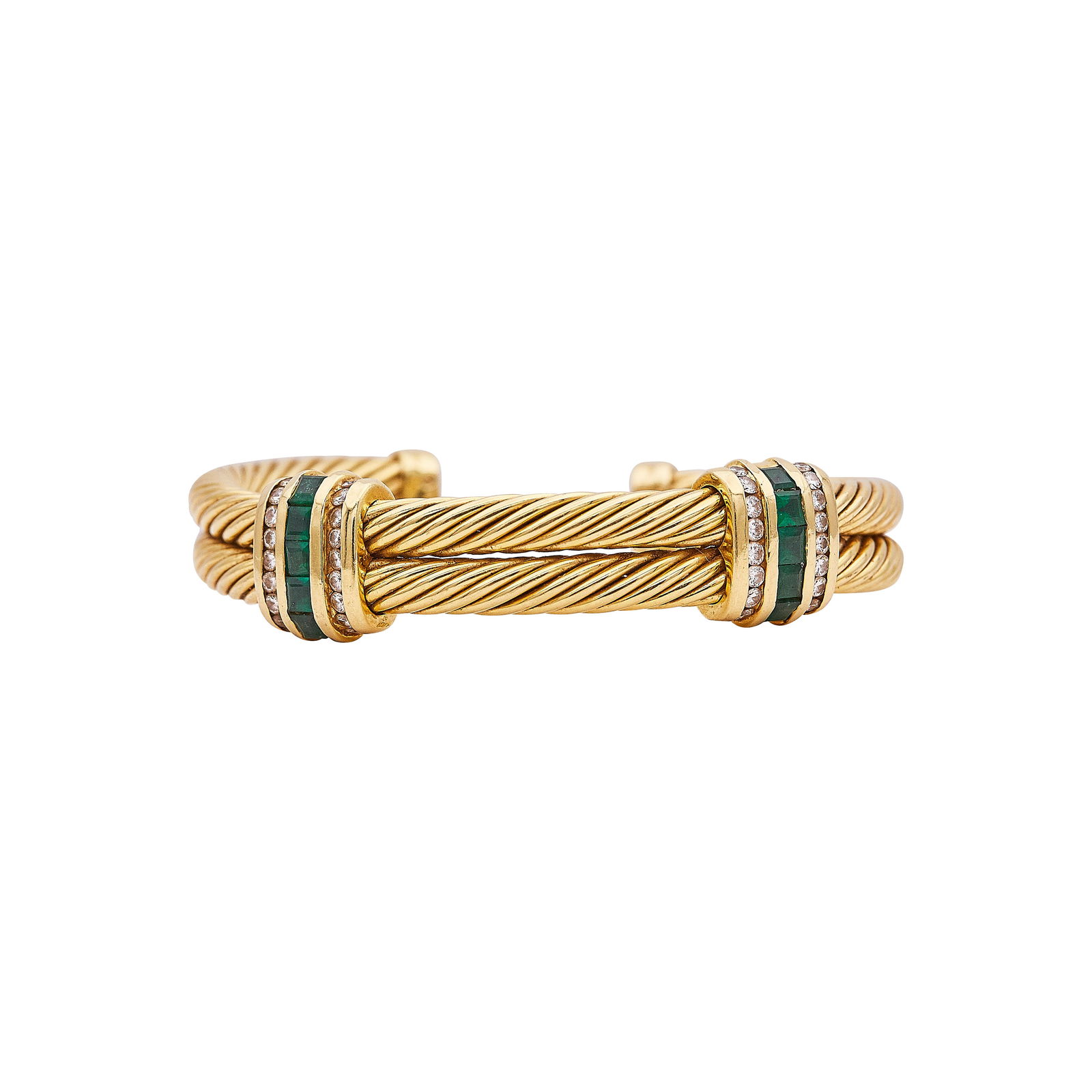 David Yurman 18K Yellow Gold Emerald and Diamond Cable Cuff Bracelet: BRAND: David Yurman; METAL: 18K Yellow Gold; APPROXIMATE TOTAL DIAMOND WEIGHT: 1.08 ctw; GEMSTONES: Emerald; STAMPED: © D. YURMAN, 18K; CONDITION: Pre-owned, Very Good; ITEM WEIGHT (GRAMS): 39 g; MEA
