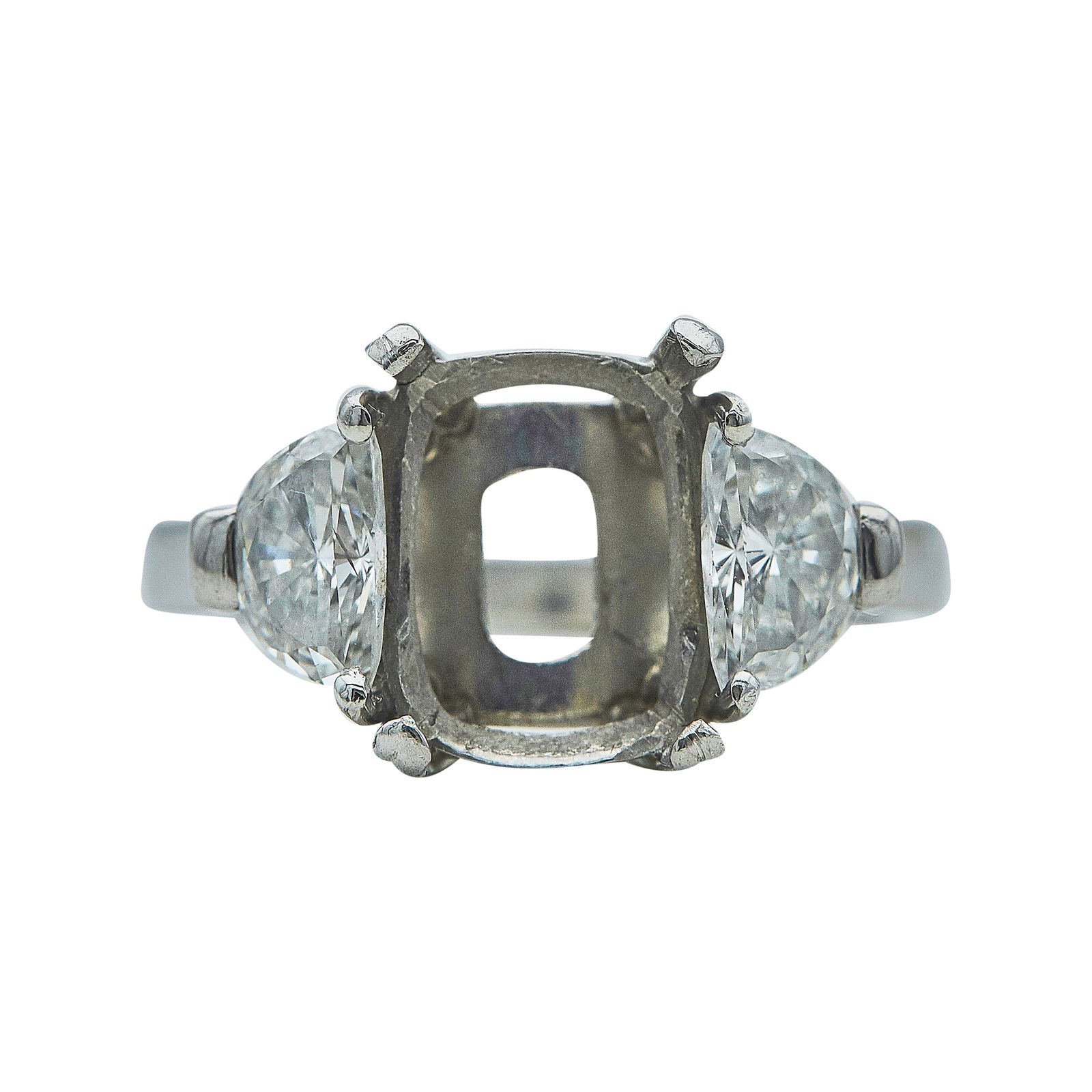 Platinum and Demilune Cut Diamond Ring Setting: METAL: Platinum; APPROXIMATE TOTAL DIAMOND WEIGHT: 1 ctw; STAMPED: PLAT; CONDITION: Pre-owned, Very Good; ITEM WEIGHT (GRAMS): 7.13 g; MEASUREMENTS: Ring size 5 1/2, Center will fit approx. 9mm x 6mm