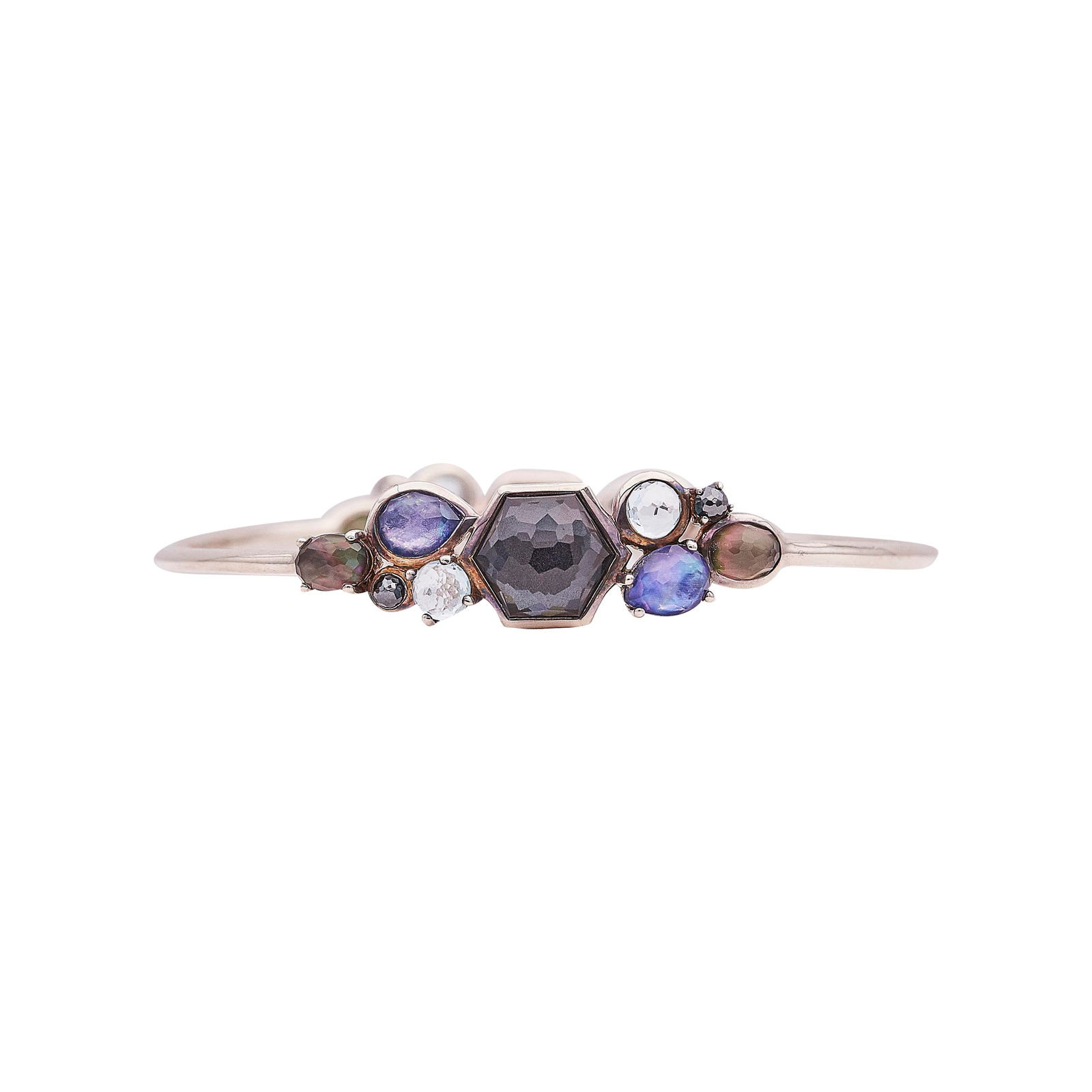 Ippolita Sterling Silver Multi-Colored Assembled Gemstone Bangle Bracelet: BRAND: Ippolita; METAL: Silver; GEMSTONES: Hematite and Quartz doublet, Lapis Mother-of-Pearl and Quartz triplet, Mother-of-Pearl and Quartz doublet, Blue topaz; STAMPED: IPPOLITA, 925; CONDITION: Pre