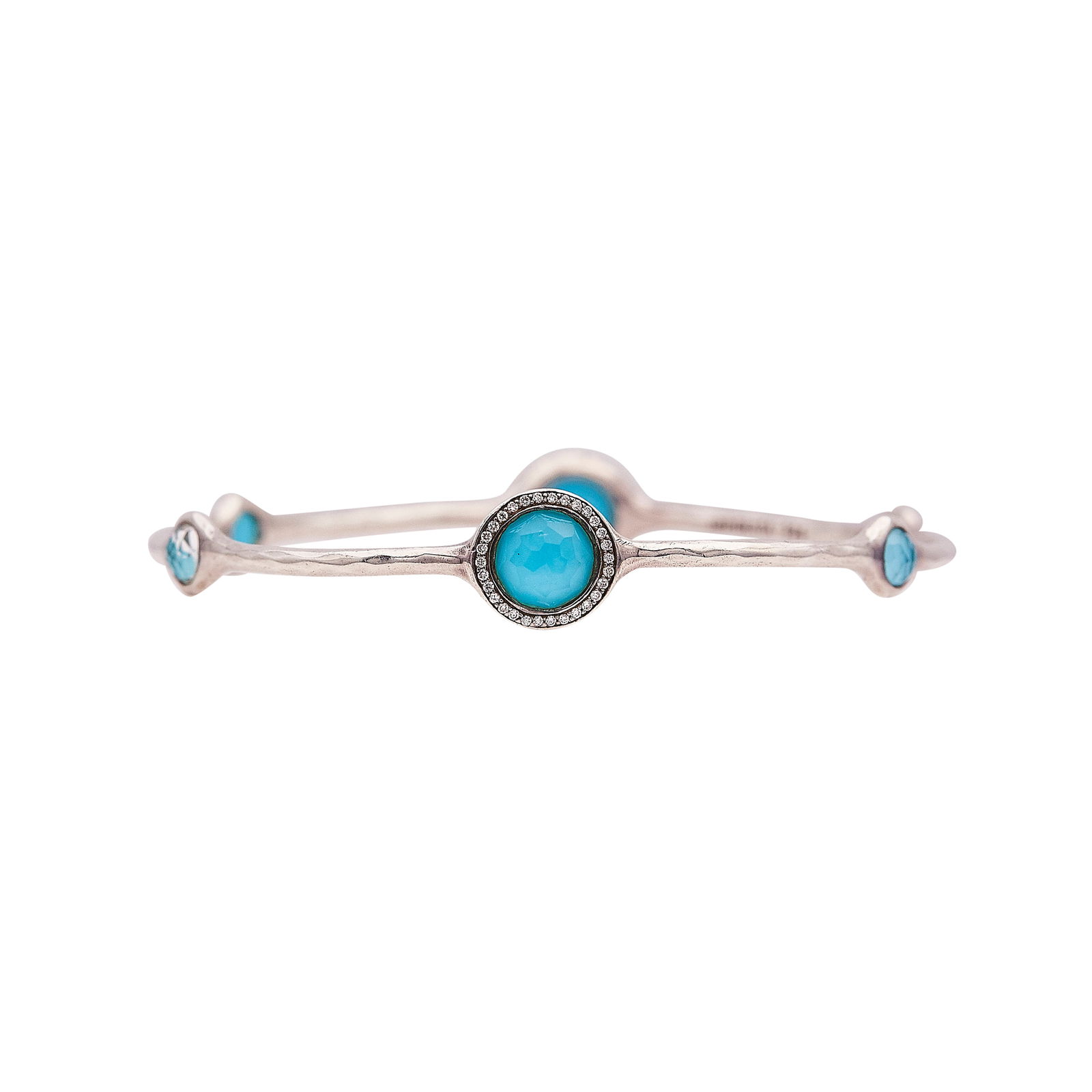 Ippolita Rock Candy Sterling Silver rock Crystal and Turquoise Doublet Bangle Bracelet: BRAND: Ippolita; COLLECTION: Rock Candy; METAL: Silver; GEMSTONES: Turquoise and rock crystal doublets; STAMPED: IPPOLITA, 925; CONDITION: Pre-owned, Very Good; ITEM WEIGHT (GRAMS): 12.2 g; MEASUREMEN