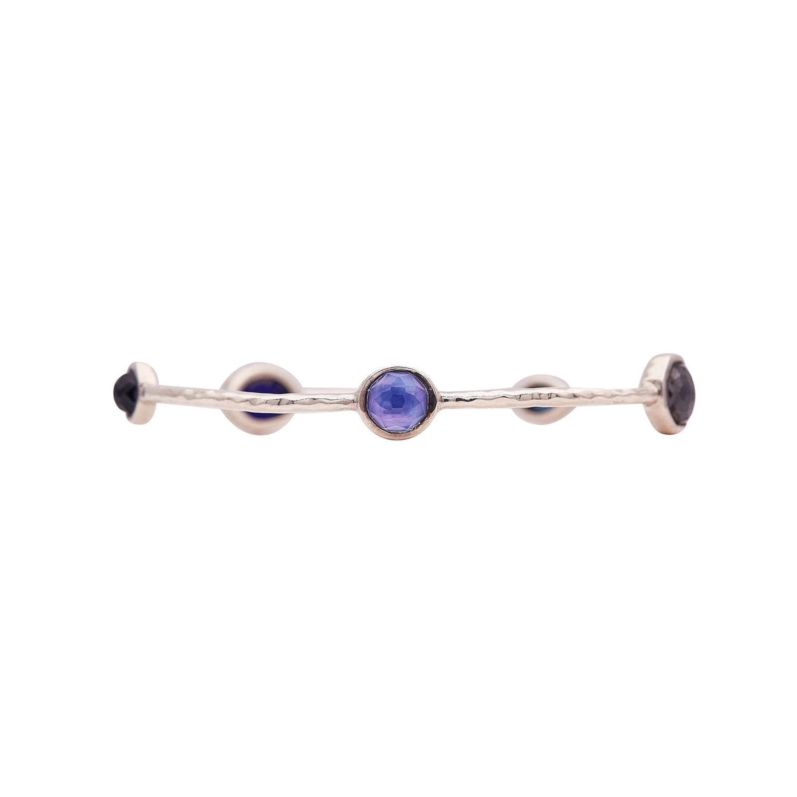 Ippolita Sterling Silver Multi-Gemstone Bangle Bracelet: BRAND: Ippolita; METAL: Silver; GEMSTONES: Lapis triplet, Onyx triplet, Blue topaz triplet; STAMPED: IPPOLITA, 925; CONDITION: Pre-owned, Very Good; ITEM WEIGHT (GRAMS): 12.7 g; MEASUREMENTS: Interior