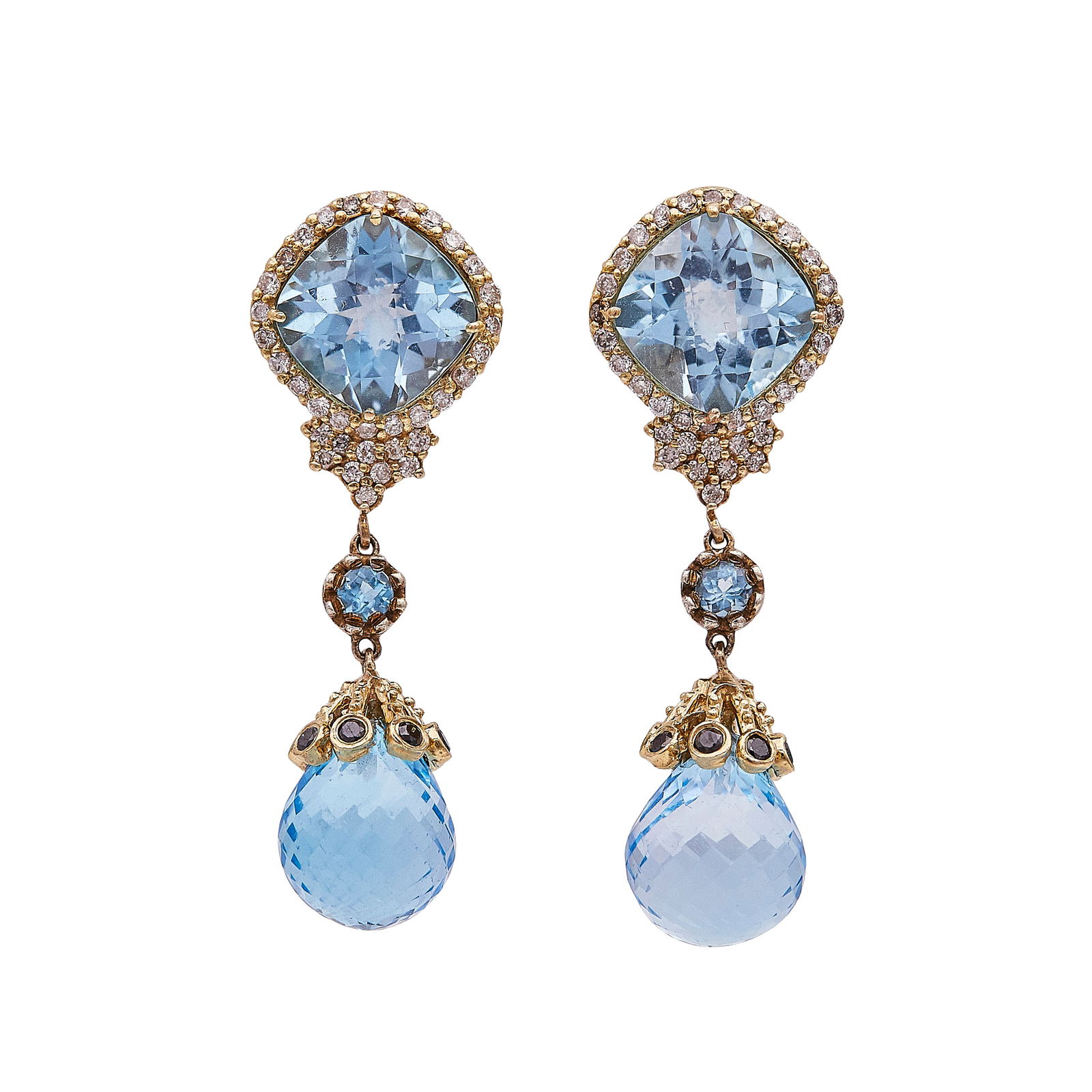 14K Yellow Gold Blue Topaz, Diamond and Black Spinel Drop Earrings: METAL: 14K Yellow Gold; APPROXIMATE TOTAL DIAMOND WEIGHT: 0.68 ctw; GEMSTONES: Blue Topaz and Black Spinel; TESTED: 14K Yellow Gold; CONDITION: Pre-owned, Very Good; ITEM WEIGHT (GRAMS): 13.26 g; MEAS