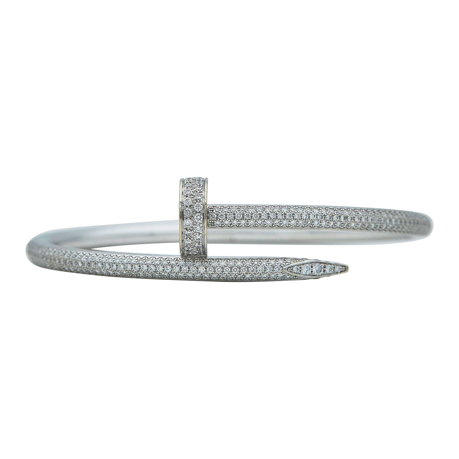 Cartier Juste un Clou 18K White Gold and Diamond Bracelet: BRAND: Cartier; COLLECTION: Juste un Clou; METAL: 18K White Gold; APPROXIMATE TOTAL DIAMOND WEIGHT: 2.26 ctw; STAMPED: © Cartier, 16, numbered, Au750, French mark; CONDITION: Pre-owned, Very Good; IT