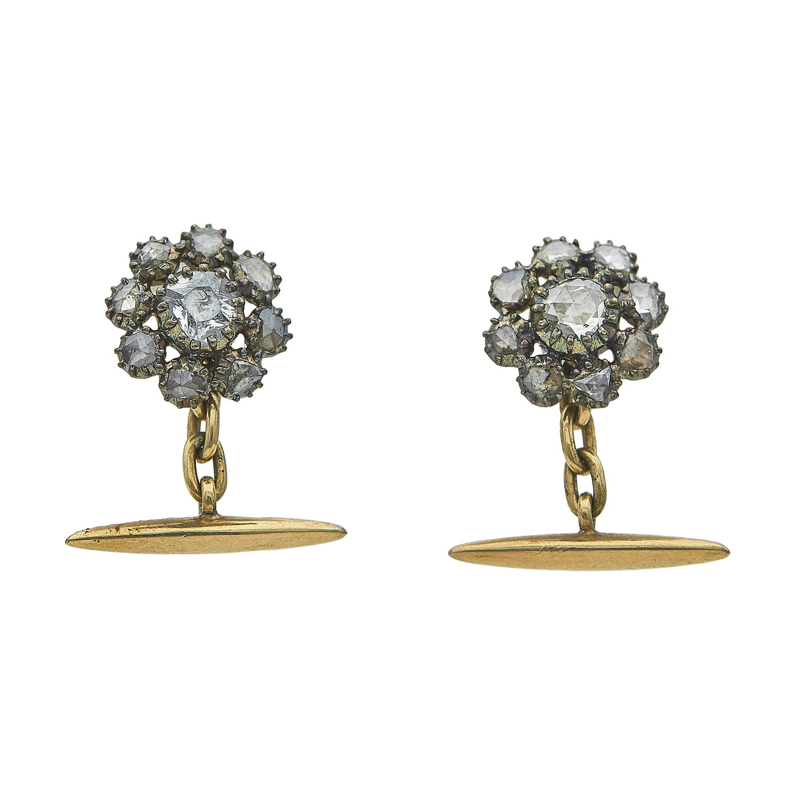18K Yellow And White Gold Rose-Cut Diamond Floral Cufflinks: METAL: 18K Yellow Gold/White Gold; APPROXIMATE TOTAL DIAMOND WEIGHT: 1 ctw; TESTED: 18K Yellow Gold/White Gold; CONDITION: Pre-owned, Good; ITEM WEIGHT (GRAMS): 6.7 g; MEASUREMENTS: Cufflinks measure