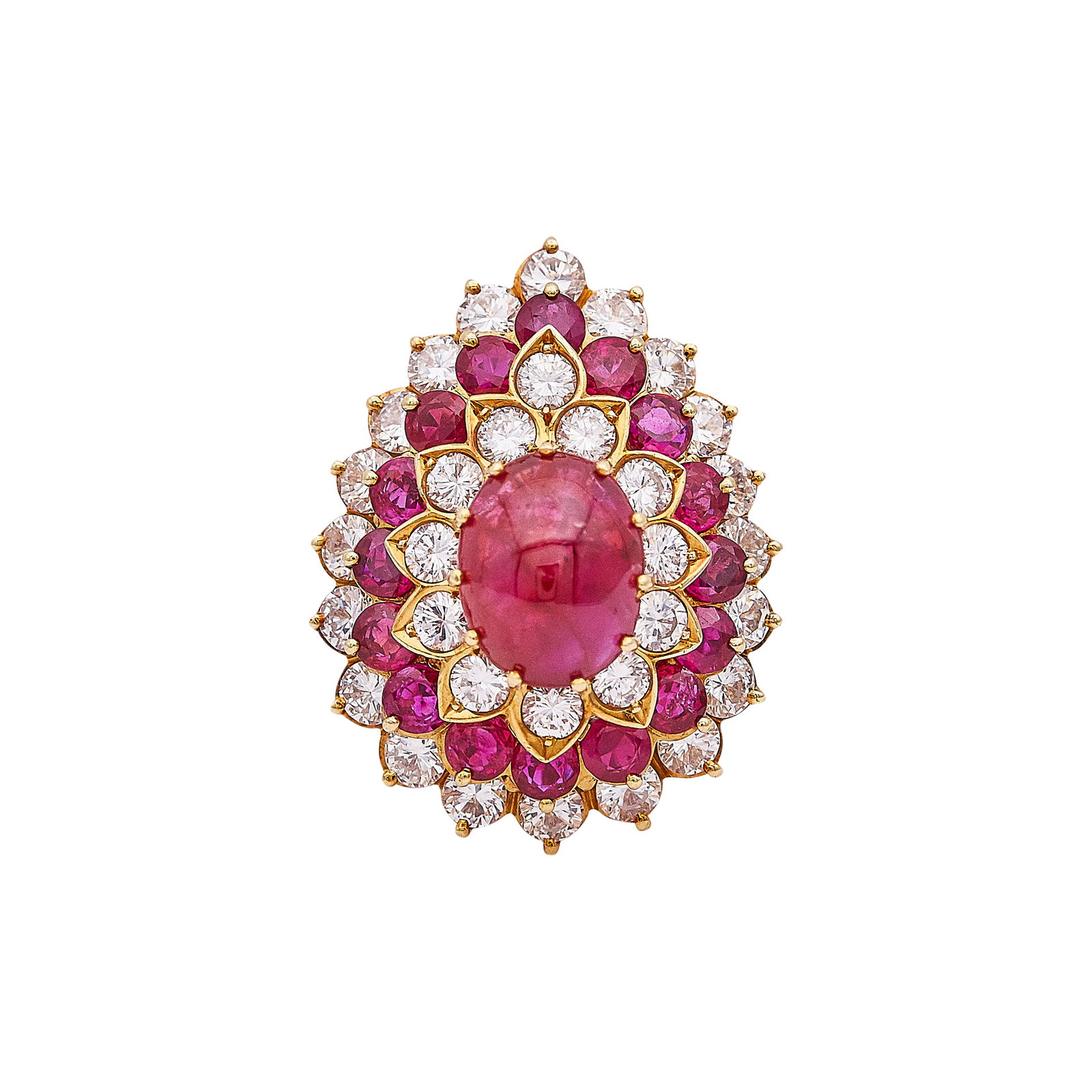 18K Yellow Gold Ruby And Diamond Halo Ring: METAL: 18K Yellow Gold; APPROXIMATE TOTAL DIAMOND WEIGHT: 2.25 ctw; GEMSTONES: Round cut rubies weighing approx. 2.40 cttw, Ruby cabochon weighing approx. 4.07 carats; CONDITION: Pre-owned, Good; ITEM