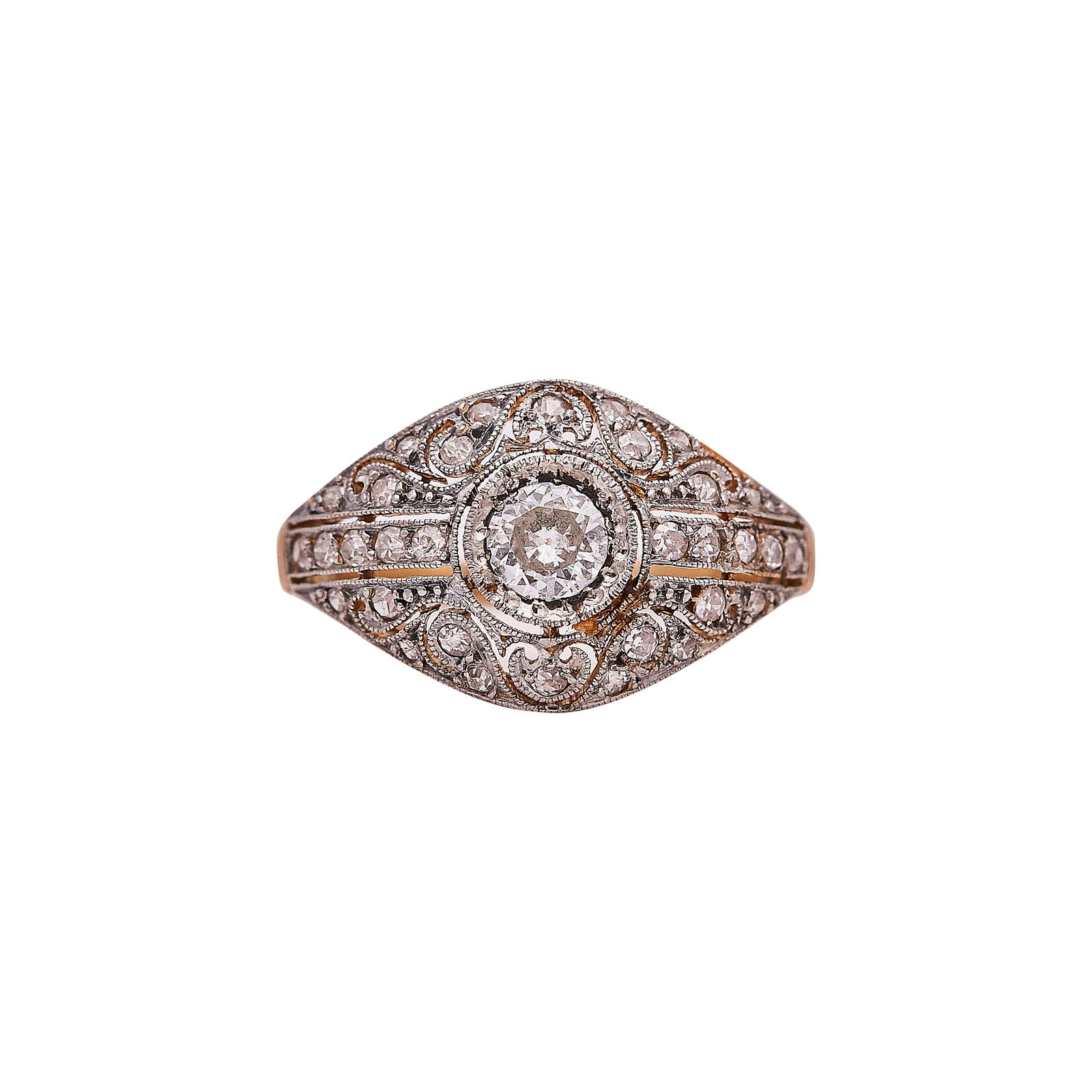 Edwardian 18K Yellow Gold And Platinum-Topped Filigree Diamond Ring: METAL: 18K Yellow Gold/Platinum; APPROXIMATE TOTAL DIAMOND WEIGHT: 0.58 ctw; TESTED: 18K Yellow Gold/Platinum; CONDITION: Pre-owned, Good; ITEM WEIGHT (GRAMS): 4 g; MEASUREMENTS: Ring size 7, top of r