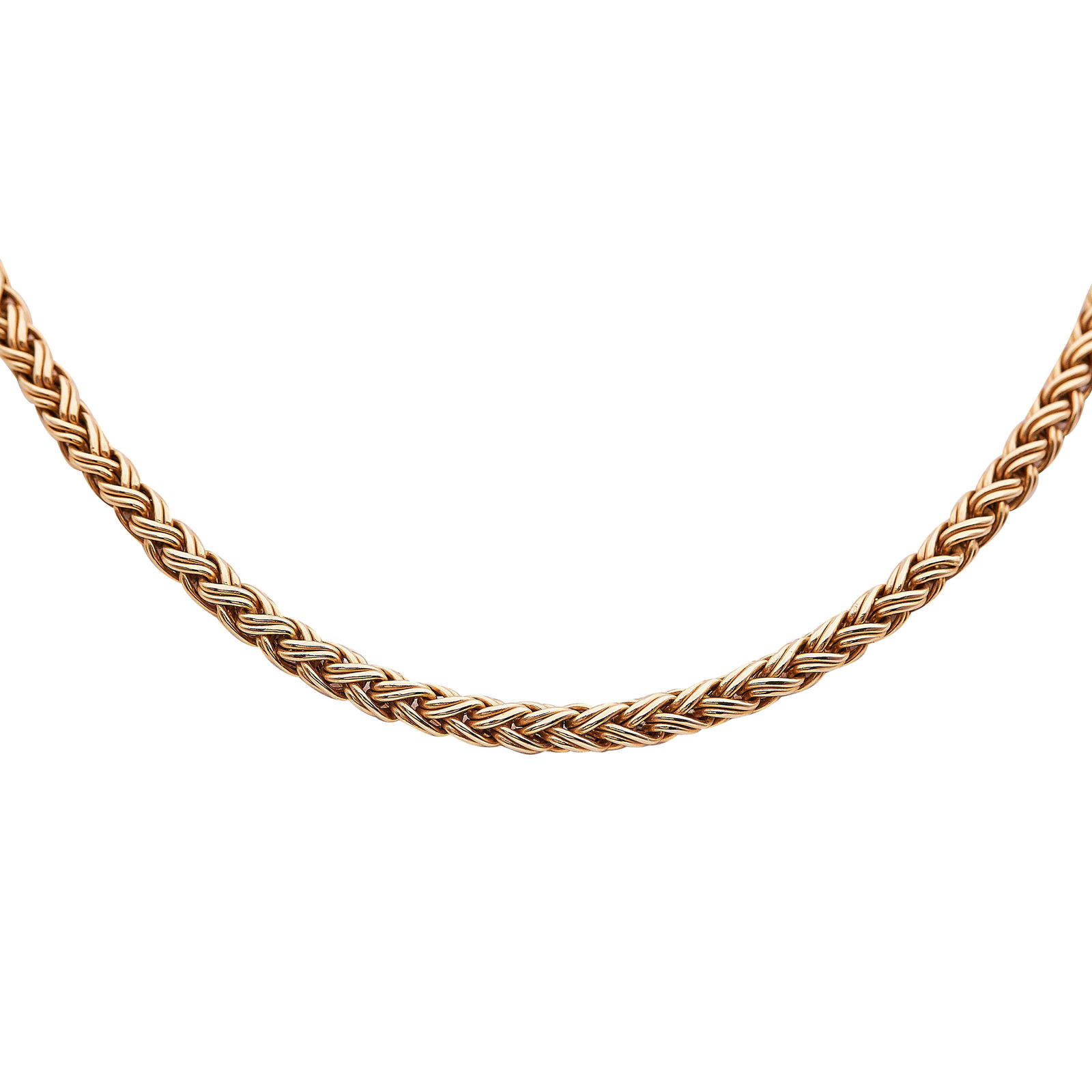 Vintage Tiffany & Co. 14K Yellow Gold Wheat Link Chain Necklace: BRAND: Tiffany & Co.; METAL: 14K Yellow Gold; STAMPED: 14K, Pat.4170809, Tiffany&Co; CONDITION: Pre-owned, Good; ITEM WEIGHT (GRAMS): 19.6 g; MEASUREMENTS: Necklace measures approx. 16 inches in lengt