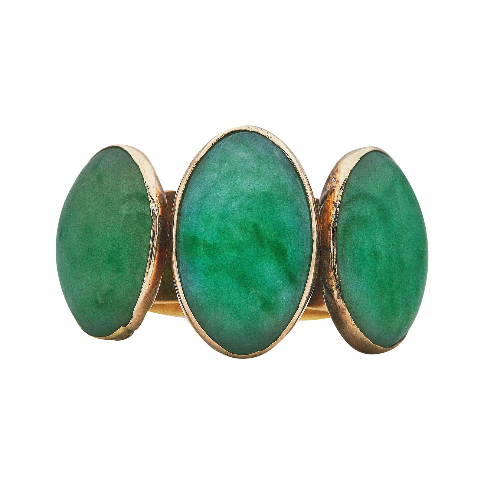14K Yellow Gold Jadeite 3-Stone Ring: METAL: 14K Yellow Gold; GEMSTONES: Jadeite cabochons weighing approx. 18.50 carats total weight; STAMPED: 6 ROGAN 14K; CONDITION: Pre-owned, Good; ITEM WEIGHT (GRAMS): 13.1 g; MEASUREMENTS: Ring size