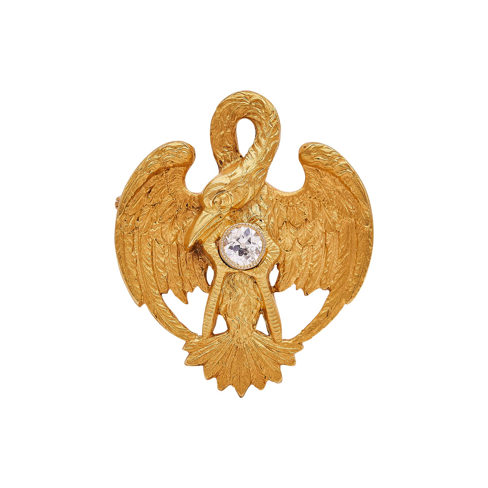 18K Yellow Gold And Diamond Pelican Brooch Pin: METAL: 18K Yellow Gold; APPROXIMATE TOTAL DIAMOND WEIGHT: 0.35 ctw; TESTED: 18K Yellow Gold; CONDITION: Pre-owned, Good; ITEM WEIGHT (GRAMS): 15.9 g; MEASUREMENTS: Brooch measures approx. 1 3/8 inch b