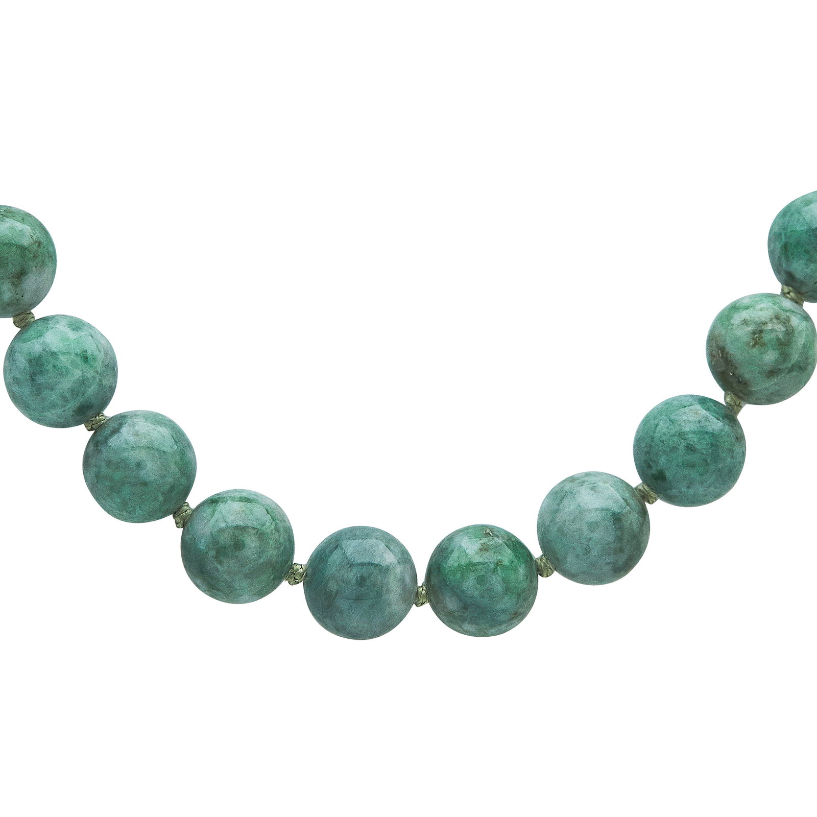 10mm Single Strand Jade Bead Necklace With 14K Yellow Gold And Diamond Clasp: METAL: 14K Yellow Gold; APPROXIMATE TOTAL DIAMOND WEIGHT: 0.04 ctw; GEMSTONES: 44 Jade beads measuring approx. 10.00-10.25mm in diameter; STAMPED: maker's mark, 14K, 585; CONDITION: Pre-owned, Good; I