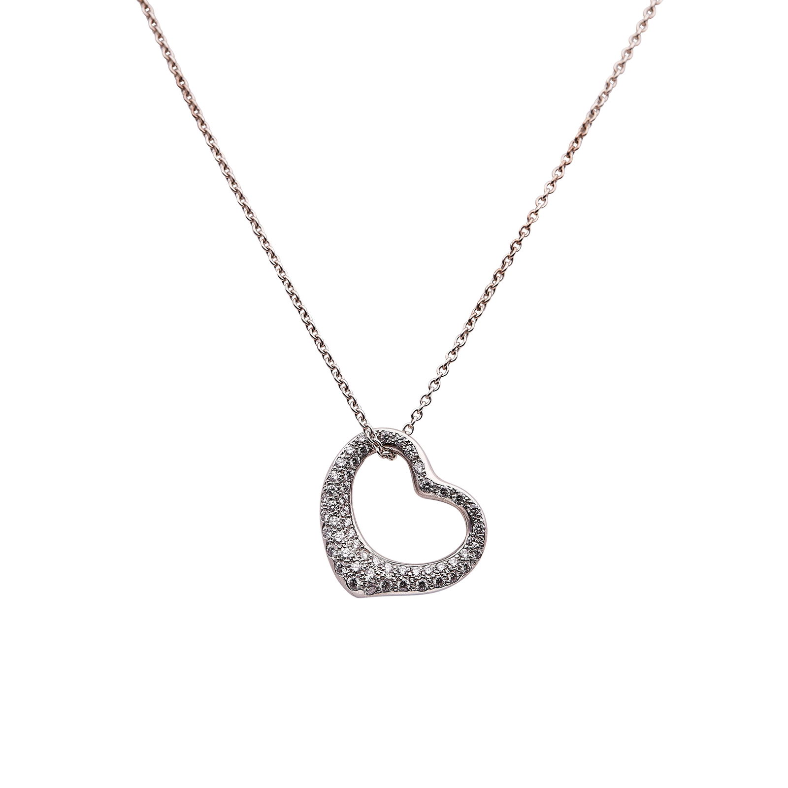 Elsa Peretti for Tiffany & Co. Open Heart Platinum and Diamond Pendant Necklace: BRAND: Elsa Peretti for Tiffany & Co.; COLLECTION: Open Heart; METAL: Platinum; APPROXIMATE TOTAL DIAMOND WEIGHT: 1.11 ctw; STAMPED: Pendant marked: Tiffany & Co., © Elsa Peretti, Pt950, SPAIN; Chain