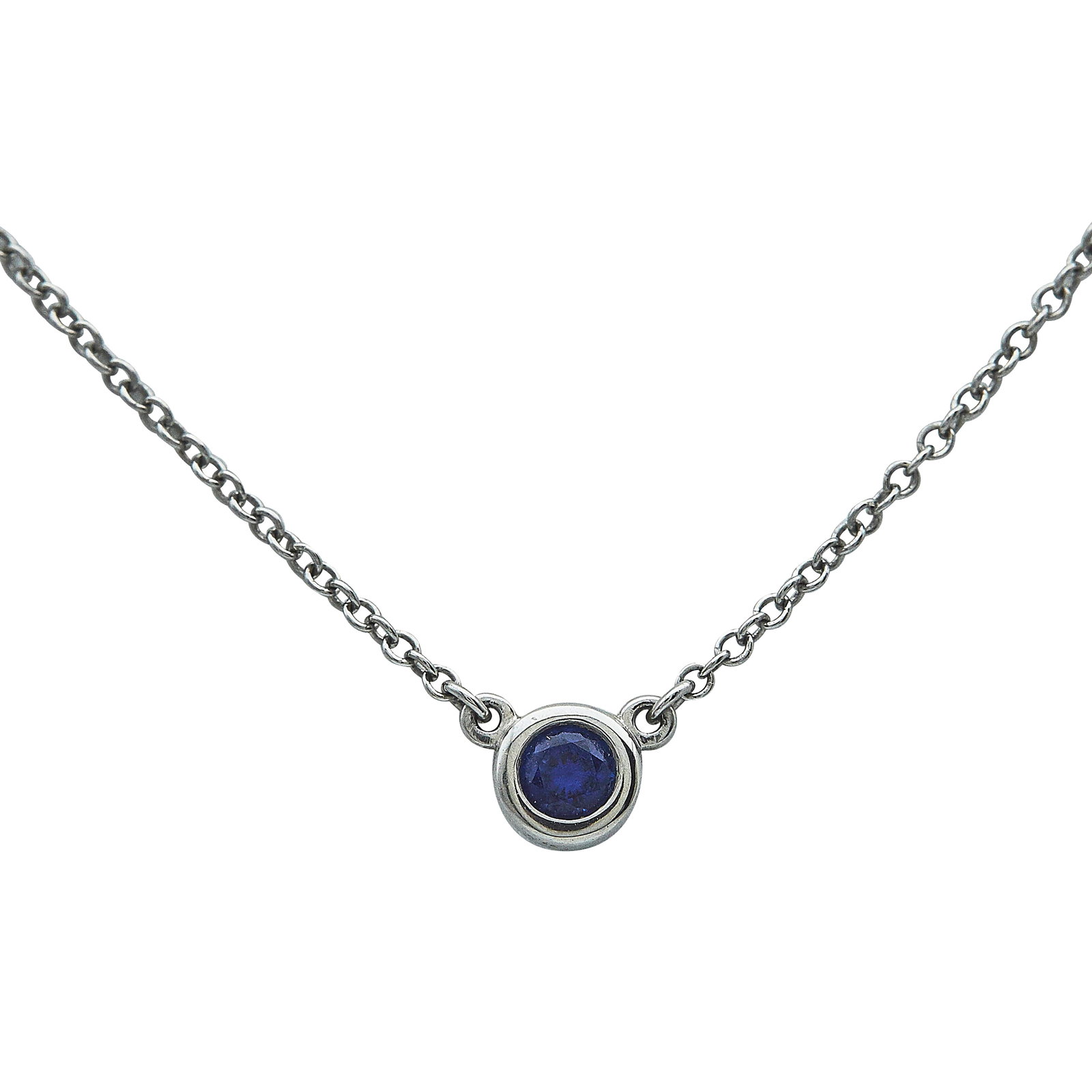 Elsa Peretti for Tiffany & Co. Color By The Yard Platinum And Sapphire Link Necklace: BRAND: Elsa Peretti for Tiffany & Co.; COLLECTION: Color by the Yard; METAL: Platinum; GEMSTONES: Sapphire weighing 0.40 carats; STAMPED: Peretti, Tiffany&Co, PT950; CONDITION: Pre-owned, Very Good; I
