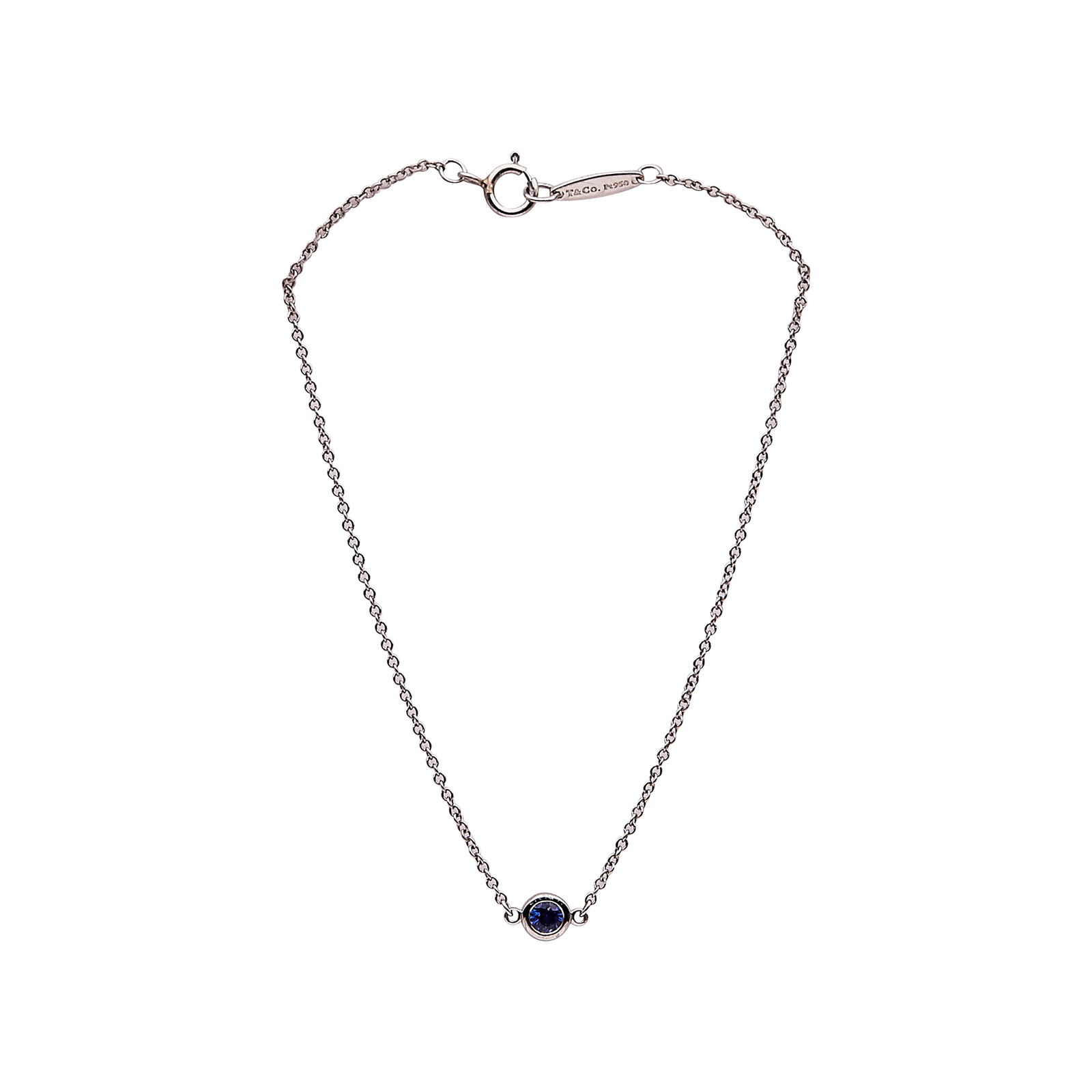 Elsa Peretti for Tiffany & Co. Color By The Yard Platinum And Sapphire Link Bracelet: BRAND: Elsa Peretti for Tiffany & Co.; COLLECTION: Color by the Yard; METAL: Platinum; GEMSTONES: Sapphire weighing approx. 0.11 carats; STAMPED: Peretti, T&Co, PT950; CONDITION: Pre-owned, Very Good;