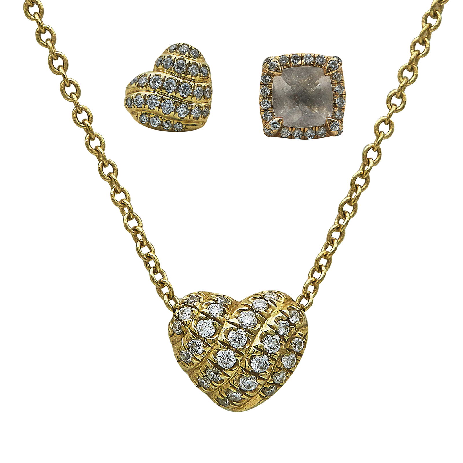 David Yurman Lot: 18K Yellow Gold Pave Diamond Heart Necklace And 18K Yellow Gold Pave Diamond Heart: BRAND: David Yurman; METAL: 18K Yellow Gold; APPROXIMATE TOTAL DIAMOND WEIGHT: 0.25 ctw; GEMSTONES: Morganite weighing approx. 0.40 carats; STAMPED: D.Y. 750, makers mark,; CONDITION: Pre-owned, Good;