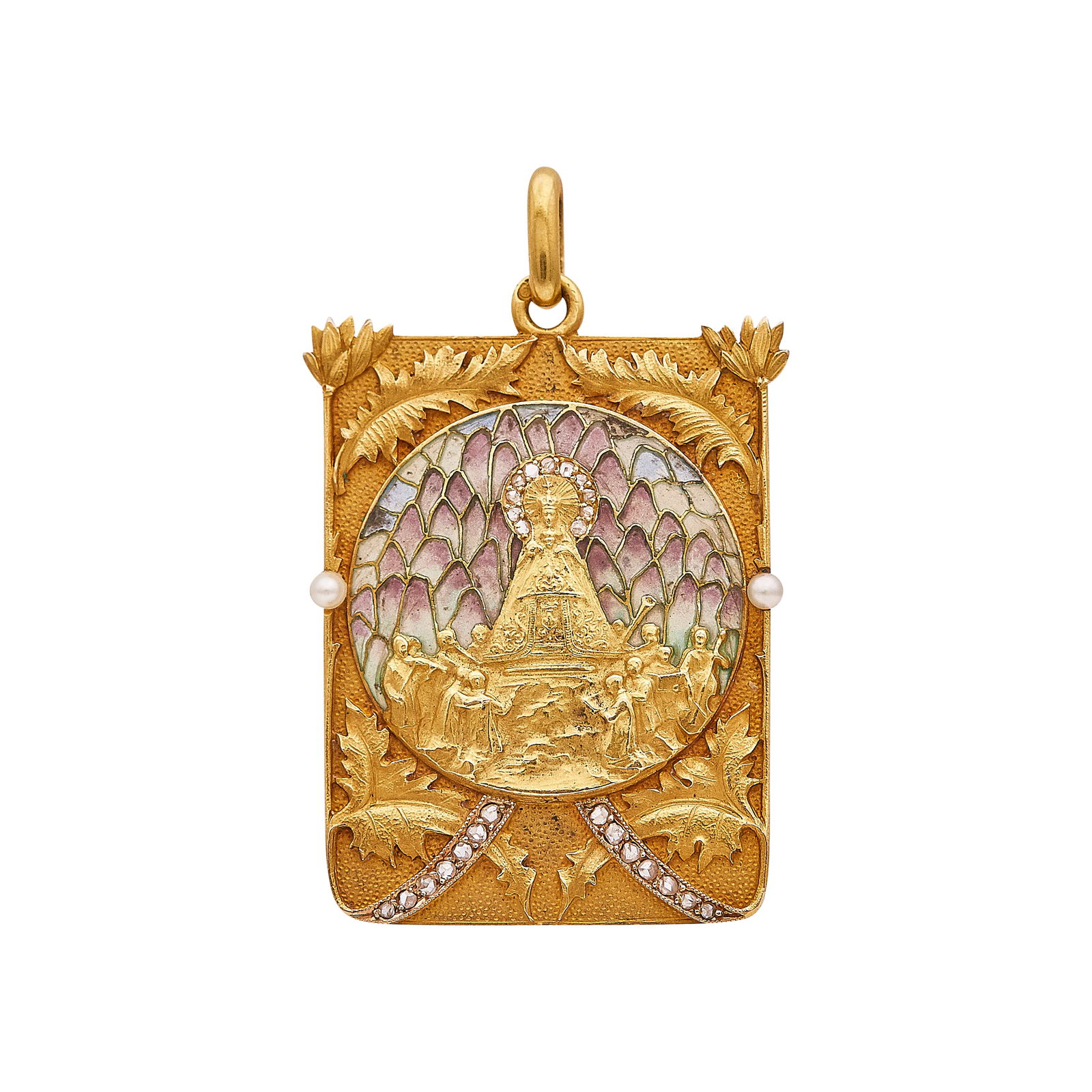 Masriera 18K Yellow Gold Cultured Pearl, Diamond, And Plique-A-Jour Enamel Virgin of Montserrat: BRAND: Masriera; METAL: 18K Yellow Gold; APPROXIMATE TOTAL DIAMOND WEIGHT: 0.10 ctw; GEMSTONES: Pearls measuring approx. 2.40mm in diameter, Plique-A-Jour Enamel, rose cut diamonds; STAMPED: MASRIERA