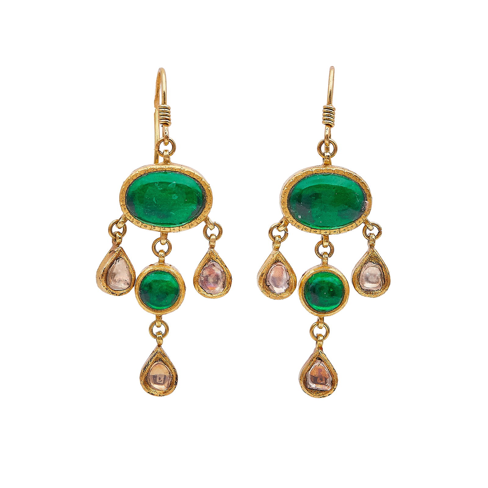 18K Yellow Gold Rock Crystal And Glass Drop Earrings: METAL: 18K Yellow Gold; GEMSTONES: Rock Crystal Quartz, Green Glass Cabochons; TESTED: 18K Yellow Gold; CONDITION: Pre-owned, Good; ITEM WEIGHT (GRAMS): 7.3 g; MEASUREMENTS: Earrings measure approx. 1