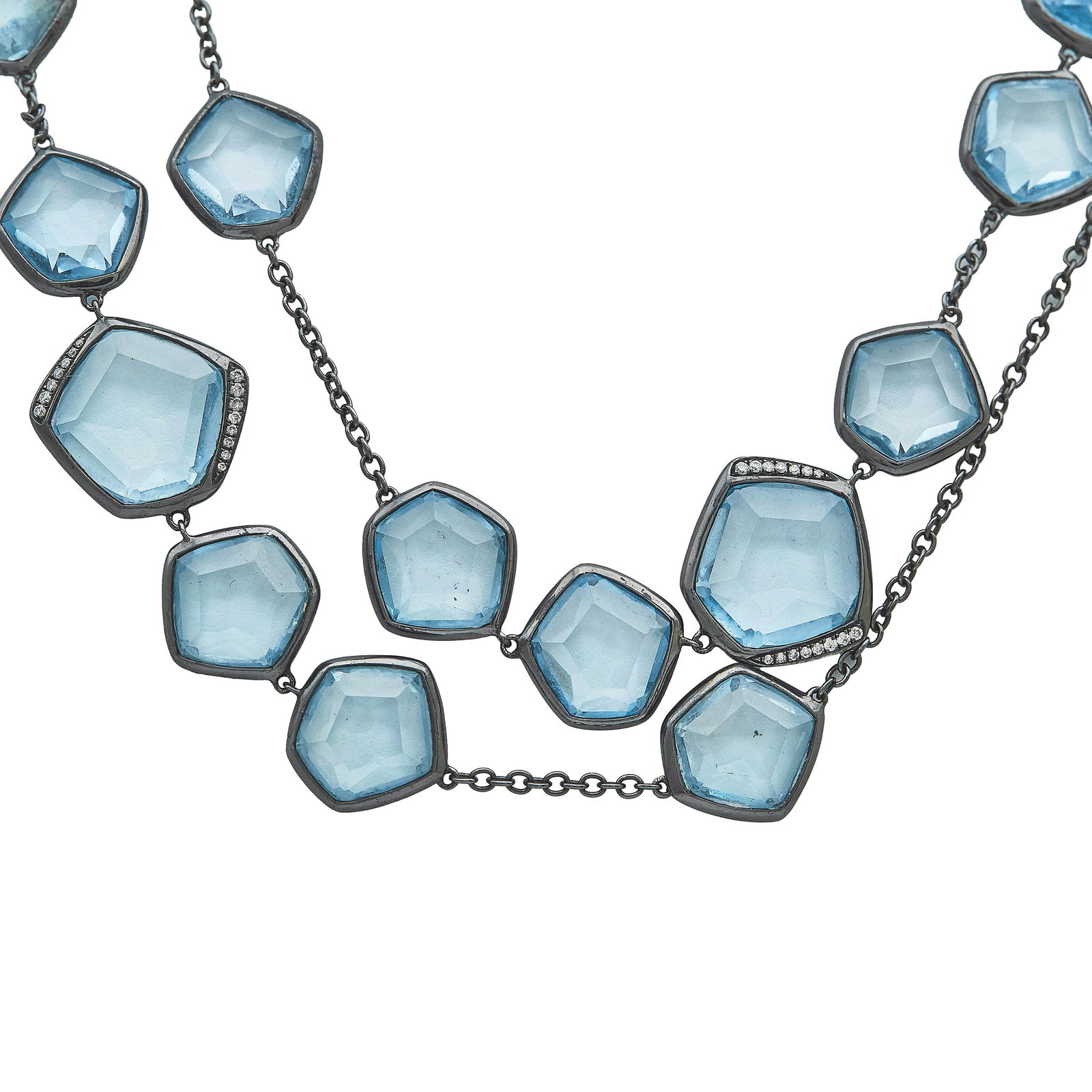 Ippolita Black Rhodium On Sterling Silver Blue Topaz And Diamond Station Necklace: BRAND: Ippolita; METAL: Sterling Silver; APPROXIMATE TOTAL DIAMOND WEIGHT: 0.25 ctw; GEMSTONES: Blue Topaz; STAMPED: makers mark, IPPOLITA, 925; CONDITION: Pre-owned, Good; ITEM WEIGHT (GRAMS): 59 g;