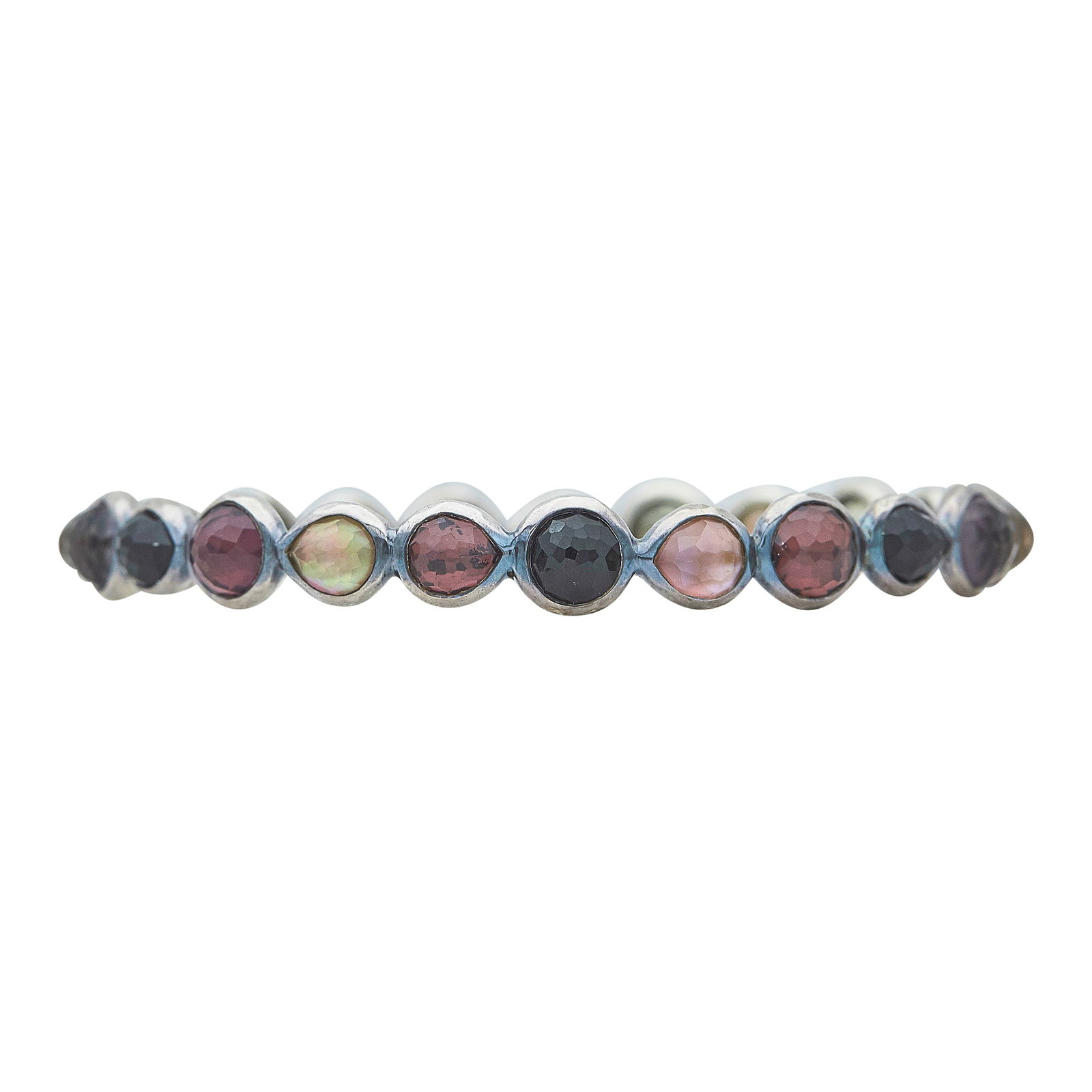 Ippolita Rock Candy Sterling Silver Bangle Bracelet With Onyx And Multicolored Assembled Stones: BRAND: Ippolita; COLLECTION: Rock Candy; METAL: Sterling Silver; GEMSTONES: Onyx, Multicolored assembled stones; STAMPED: IPPOLITA, 925; CONDITION: Pre-owned, Good; ITEM WEIGHT (GRAMS): 18.5 g; MEASUR