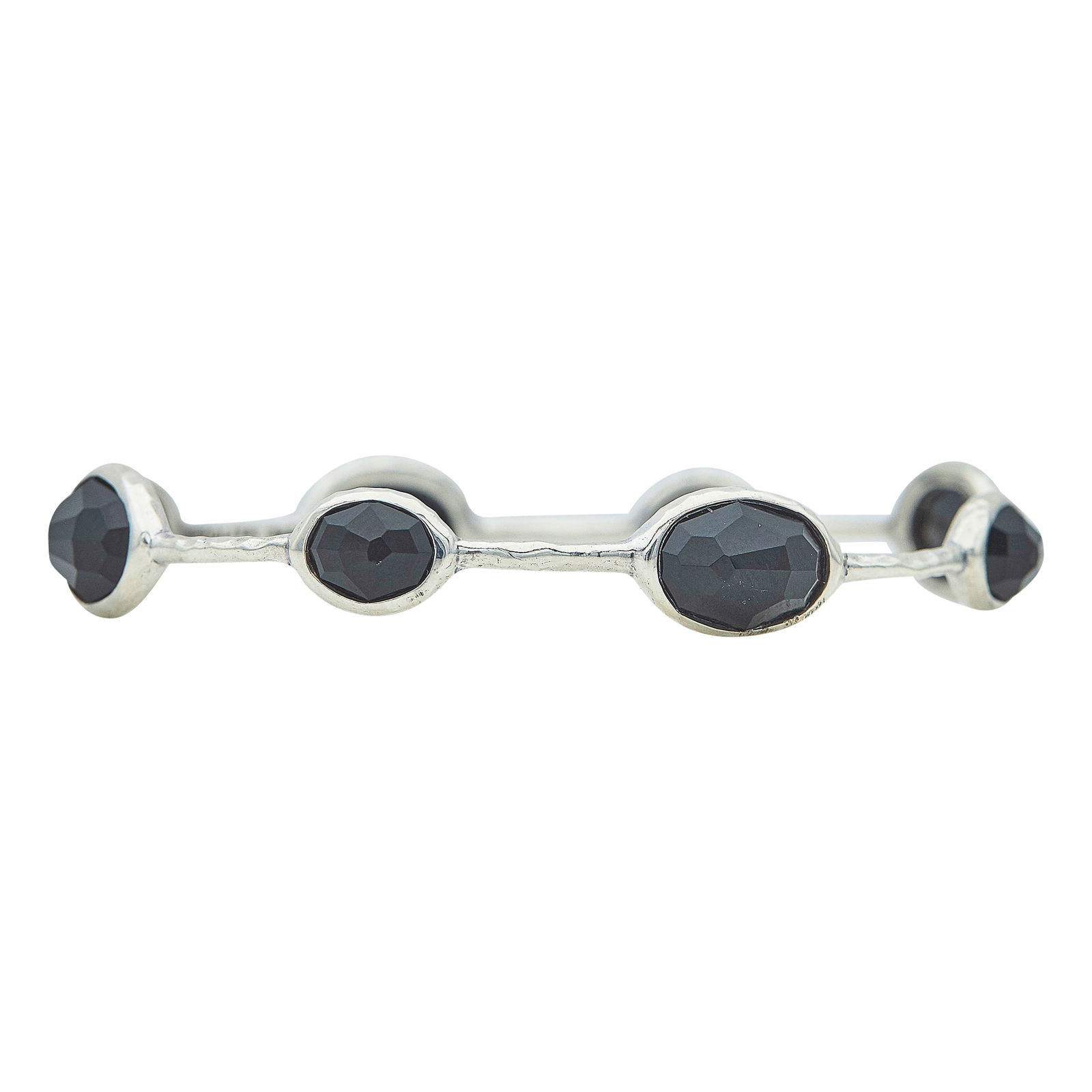 Ippolita Rock Candy Sterling Silver And Onyx Eight Stone Bangle Bracelet: BRAND: Ippolita; METAL: Sterling Silver; GEMSTONES: Onyx; STAMPED: IPPOLITA, 925; CONDITION: Pre-owned, Good; ITEM WEIGHT (GRAMS): 15.6 g; MEASUREMENTS: Bracelet measures approx. 2 3/4 inch by 2 1/4 i