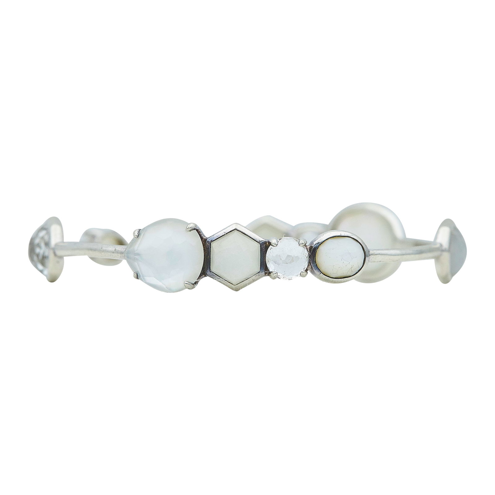 Ippolita Rock Candy Gelato Sterling Silver Mother-of-Pearl Doublet, Moonstone, and Rock Crystal: BRAND: Ippolita; COLLECTION: Rock Candy; METAL: Silver; GEMSTONES: Mother of Pearl Doublets, Moonstone, and Rock Crystal Quartz; STAMPED: IPPOLITA, 925; CONDITION: Pre-owned, Good; ITEM WEIGHT (GRAMS)