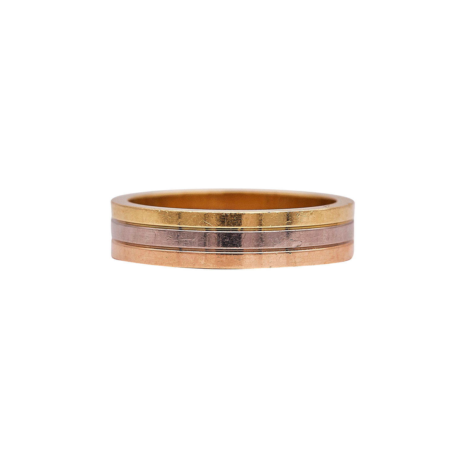 Cartier Vendôme 18K Tri-Color Gold Striped Band Ring: BRAND: Cartier; COLLECTION: Vendôme; METAL: 18K Tri-Color; STAMPED: © Cartier, 55, numbered, Au750; CONDITION: Pre-owned, Good; ITEM WEIGHT (GRAMS): 6.6 g; MEASUREMENTS: Cartier ring size 55, US rin
