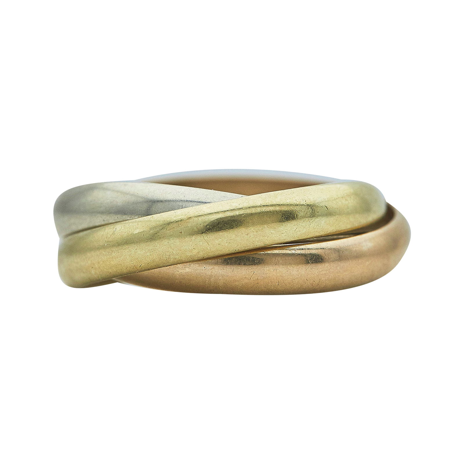 Cartier Must de Cartier 18K Tri-Color Gold Rolling Band Ring: BRAND: Cartier; COLLECTION: Must de Cartier; METAL: 18K Tri-Color; STAMPED: French mark, 750, 59 numbered; CONDITION: Pre-owned, Very Good; ITEM WEIGHT (GRAMS): 9.9 g; MEASUREMENTS: Cartier ring size
