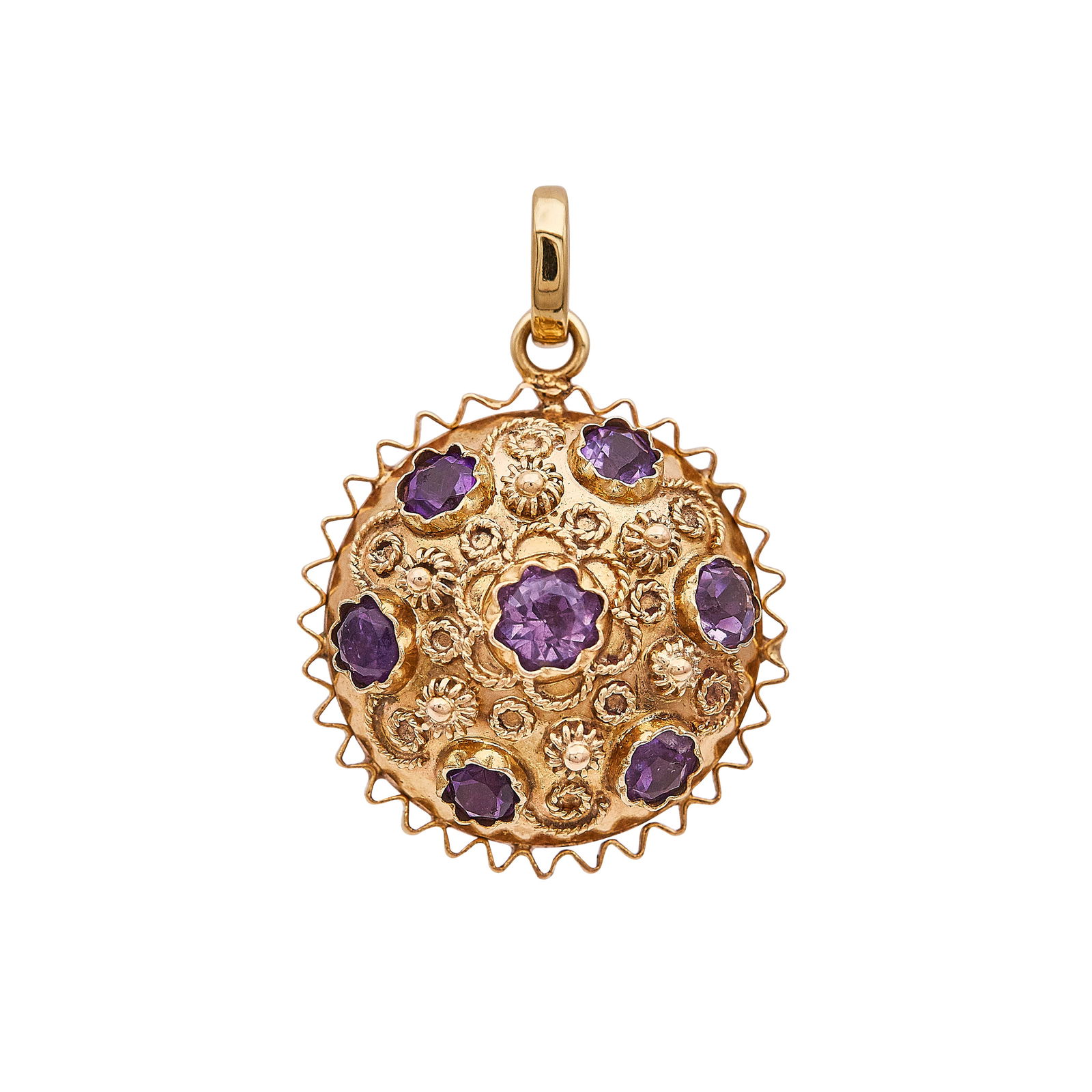 18K Yellow Gold and Amethyst Ropework Pendant Charm: METAL: 18K Yellow Gold; GEMSTONES: Amethyst; TESTED: 18K Yellow Gold; CONDITION: Pre-owned, Very Good; ITEM WEIGHT (GRAMS): 10.1 g; MEASUREMENTS: Pendant 1 1/4 inch long including bail