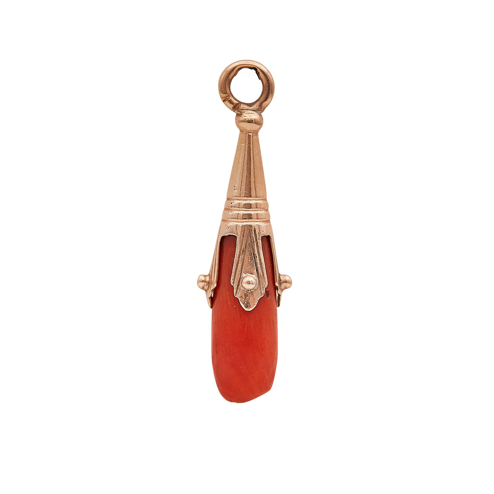 Antique 14K Yellow Gold and Coral Pendant Charm: METAL: 14K Yellow Gold; GEMSTONES: Coral; TESTED: 14K Yellow Gold; CONDITION: Pre-owned, Good; ITEM WEIGHT (GRAMS): 3.38 g; MEASUREMENTS: Pendant 1 1/2 inch long including bail