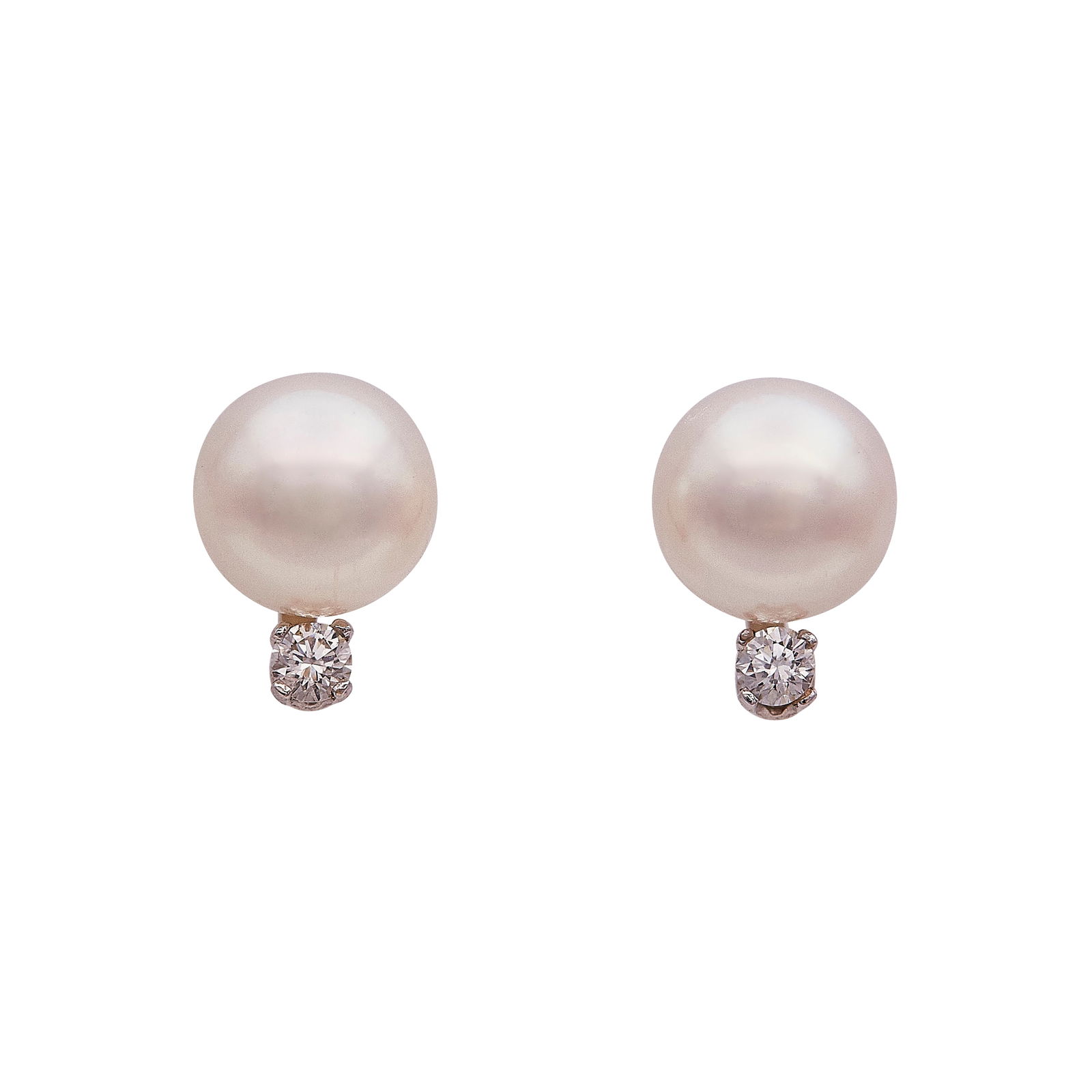 14K White Gold Diamond and Pearl Stud Earrings: METAL: 14K White Gold; APPROXIMATE TOTAL DIAMOND WEIGHT: 0.08 ctw; GEMSTONES: Cultured Pearls approx. 7.00mm in diameter; STAMPED: Backs marked 14K; CONDITION: Pre-owned, Very Good; ITEM WEIGHT (GRAMS