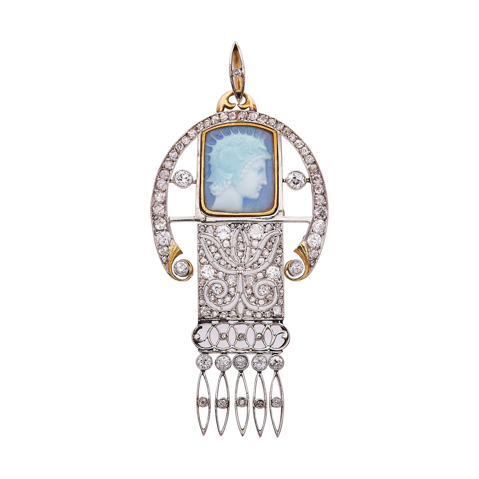 Platinum And 18K Yellow Gold Enamel, Diamond, And Carved Agate Articulated Openwork Pendant: METAL: 18K Yellow Gold/Platinum; APPROXIMATE TOTAL DIAMOND WEIGHT: 1 ctw; GEMSTONES: Plique-A-Jour Enamel, carved agate; TESTED: 18K Yellow Gold/Platinum; CONDITION: Pre-owned, Good; ITEM WEIGHT (GRAM