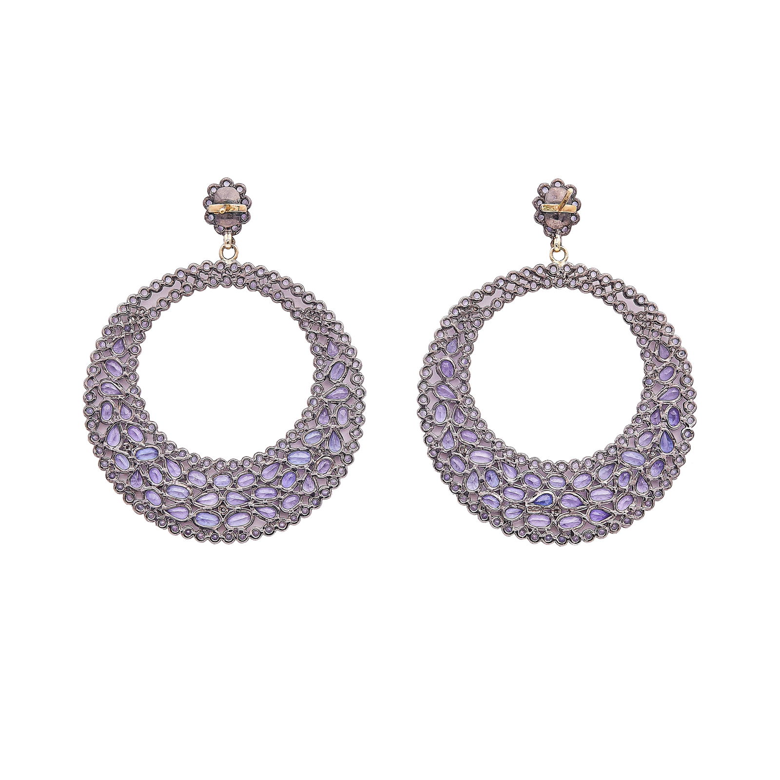 18K Yellow Gold And Silver Tanzanite And Diamond Accent Circle Drop Earrings: METAL: Silver, 18K Yellow Gold; APPROXIMATE TOTAL DIAMOND WEIGHT: 0.06 ctw; GEMSTONES: Tanzanite; STAMPED: 750; TESTED: Silver, 18K Yellow Gold; CONDITION: Pre-owned, Good; ITEM WEIGHT (GRAMS): 18.1 g