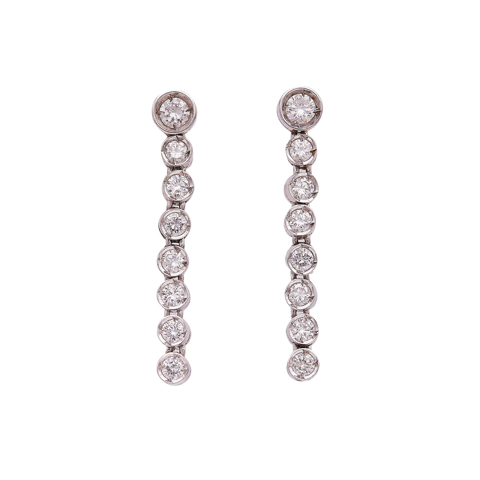 18K White Gold Diamond Line Drop Earrings: METAL: 18K White Gold; APPROXIMATE TOTAL DIAMOND WEIGHT: 1.20 ctw; STAMPED: Clutches stamped 750, maker's mark; TESTED: 18K White Gold; CONDITION: Pre-owned, Good; ITEM WEIGHT (GRAMS): 6 g; MEASUREMEN