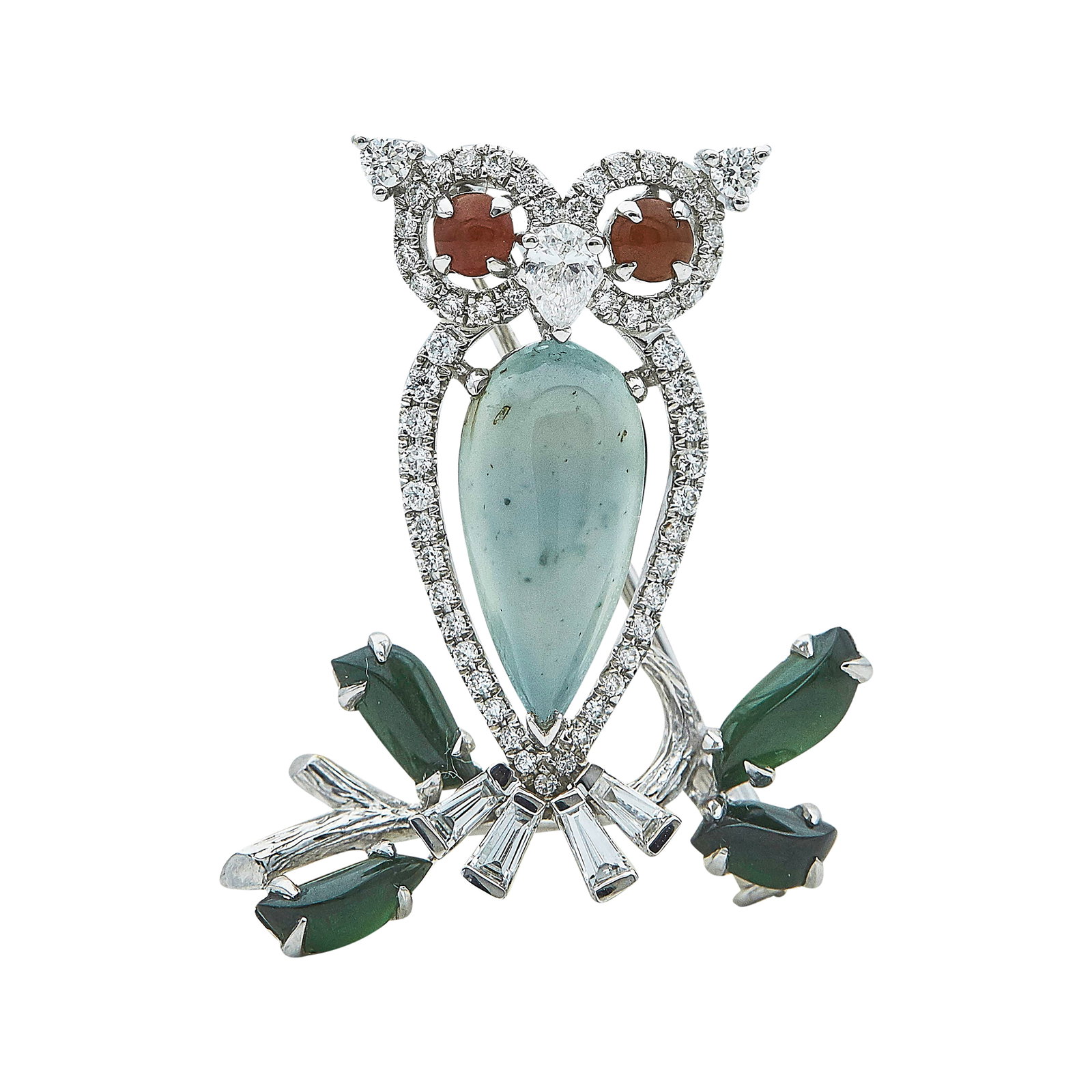 18K White Gold Agate, Chrysoprase, Dyed Jade And Diamond Convertible Brooch Pendant: METAL: 18K White Gold; GEMSTONES: Chrysoprase, Agate, Dyed Orange Jade; STAMPED: D0.69, 750; CONDITION: Pre-owned, Good; ITEM WEIGHT (GRAMS): 5.2 g; MEASUREMENTS: Brooch measures approx. 1 1/4 inch by
