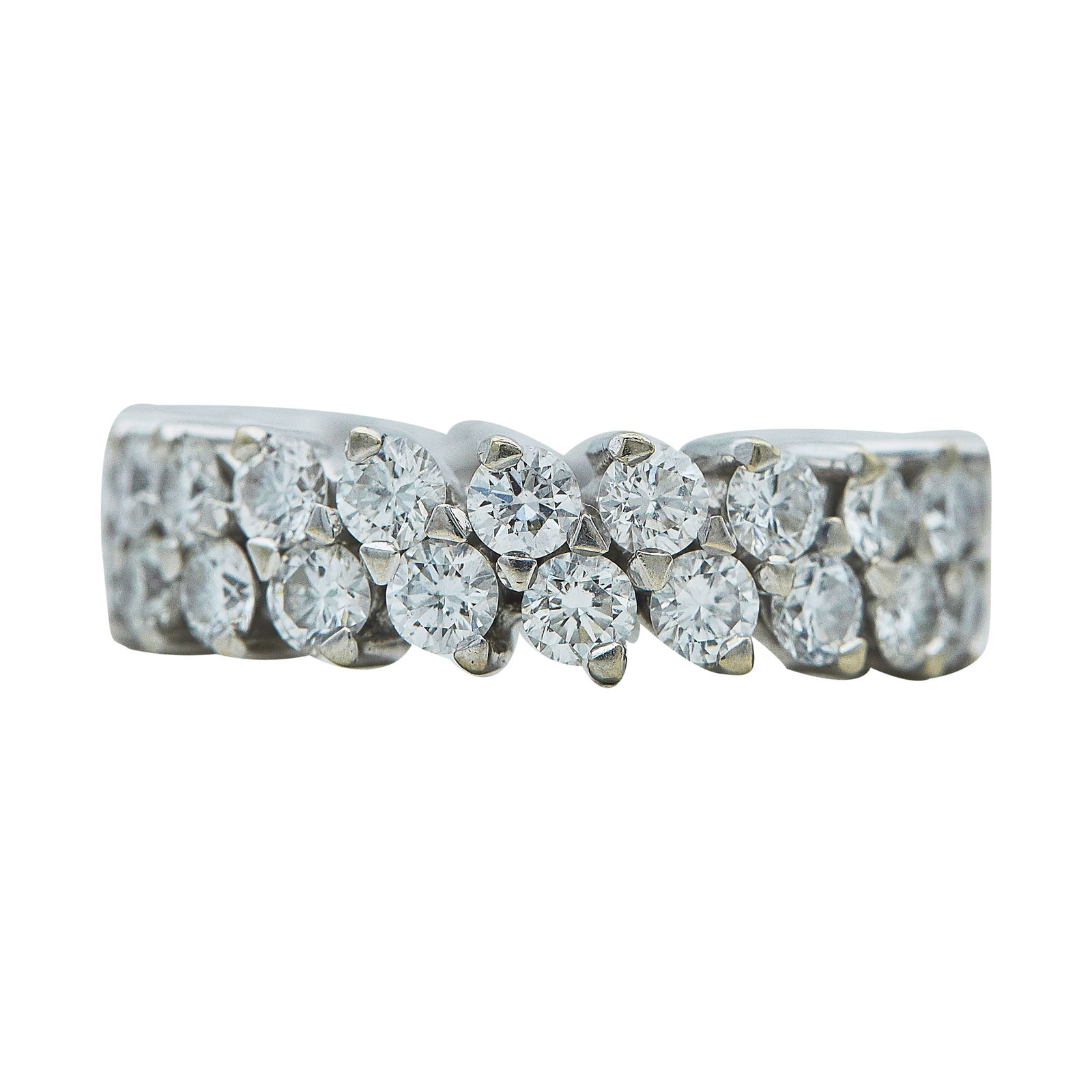 18K White Gold Diamond Approx. 3.40 CTTW Two-Row Eternity Band Ring: METAL: 18K White Gold; APPROXIMATE TOTAL DIAMOND WEIGHT: 3.40 ctw; TESTED: 18K White Gold; CONDITION: Pre-owned, Good; ITEM WEIGHT (GRAMS): 7.6 g; MEASUREMENTS: Ring size 6.75, ring measures approx. 3