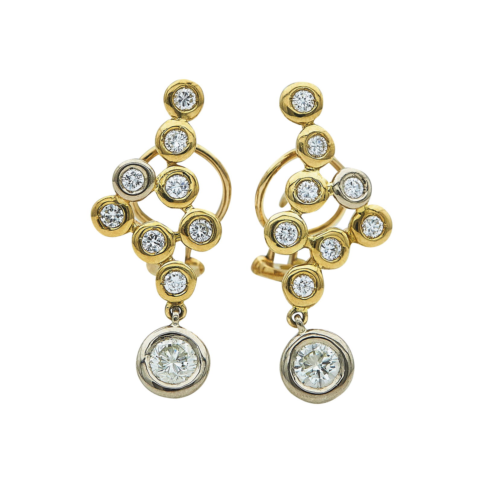 18K Yellow And White Gold Abstract Diamond Cluster Drop Earrings: METAL: 18K Yellow Gold; APPROXIMATE TOTAL DIAMOND WEIGHT: 1.50 ctw; STAMPED: maker's mark,; TESTED: 18K Yellow Gold; CONDITION: Pre-owned, Good; ITEM WEIGHT (GRAMS): 9.1 g; MEASUREMENTS: Earrings meas