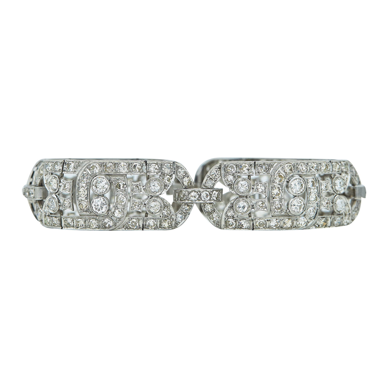 Art Deco Platinum and Diamond Link Bracelet: METAL: Platinum; APPROXIMATE TOTAL DIAMOND WEIGHT: 6.50 ctw; TESTED: Platinum; CONDITION: Pre-owned, Fair; ITEM WEIGHT (GRAMS): 36.1 g; MEASUREMENTS: Bracelet 6 1/2 inches in interior circumference, 5