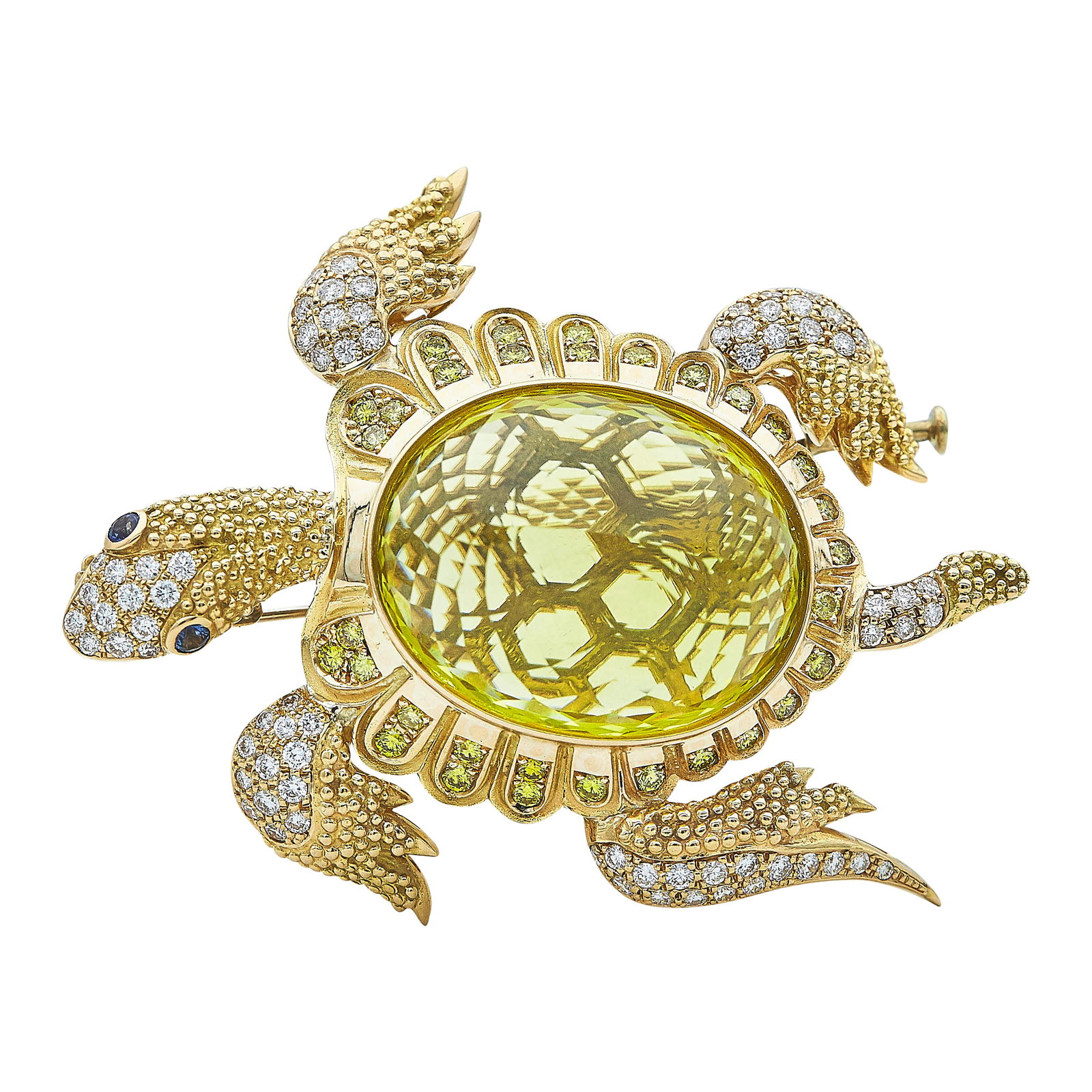 18K Yellow Gold Rose Cut Lemon Quartz, Yellow Sapphire, and Diamond Turtle Pendant Brooch: METAL: 18K Yellow Gold; APPROXIMATE TOTAL DIAMOND WEIGHT: 2 ctw; GEMSTONES: Rose cut Lemon Quartz approx. 31.00mm x 25.00mm, Yellow sapphires; TESTED: 18K Yellow Gold; CONDITION: Pre-owned, Very Good;