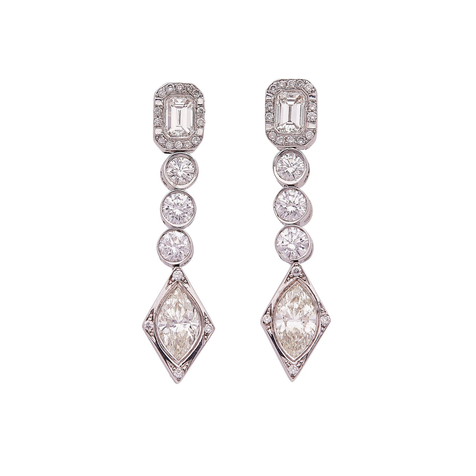 18K White Gold Mixed Cut Diamond Approx. 4.75 CTTW Drop Earrings: METAL: 18K White Gold; APPROXIMATE TOTAL DIAMOND WEIGHT: 4.75 ctw; TESTED: 18K White Gold; CONDITION: Pre-owned, Good; ITEM WEIGHT (GRAMS): 9.8 g; MEASUREMENTS: Earrings measure approx. 1 1/2 inch in