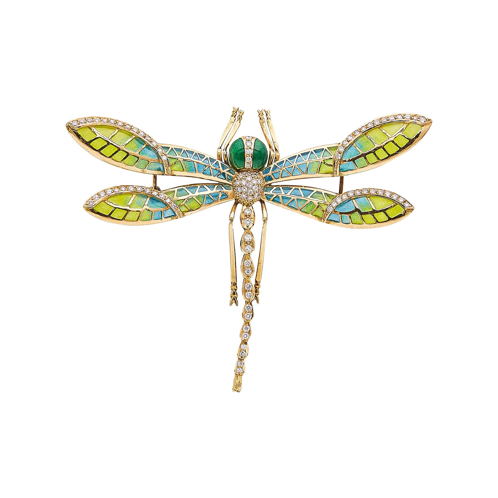 18K Yellow Gold Plique-A-Jour Enamel And Diamond Dragonfly Brooch Pin: METAL: 18K Yellow Gold; APPROXIMATE TOTAL DIAMOND WEIGHT: 1 ctw; GEMSTONES: Plique-A-Jour Enamel, Glass; TESTED: 18K Yellow Gold; CONDITION: Pre-owned, Good; ITEM WEIGHT (GRAMS): 22.8 g; MEASUREMENTS: