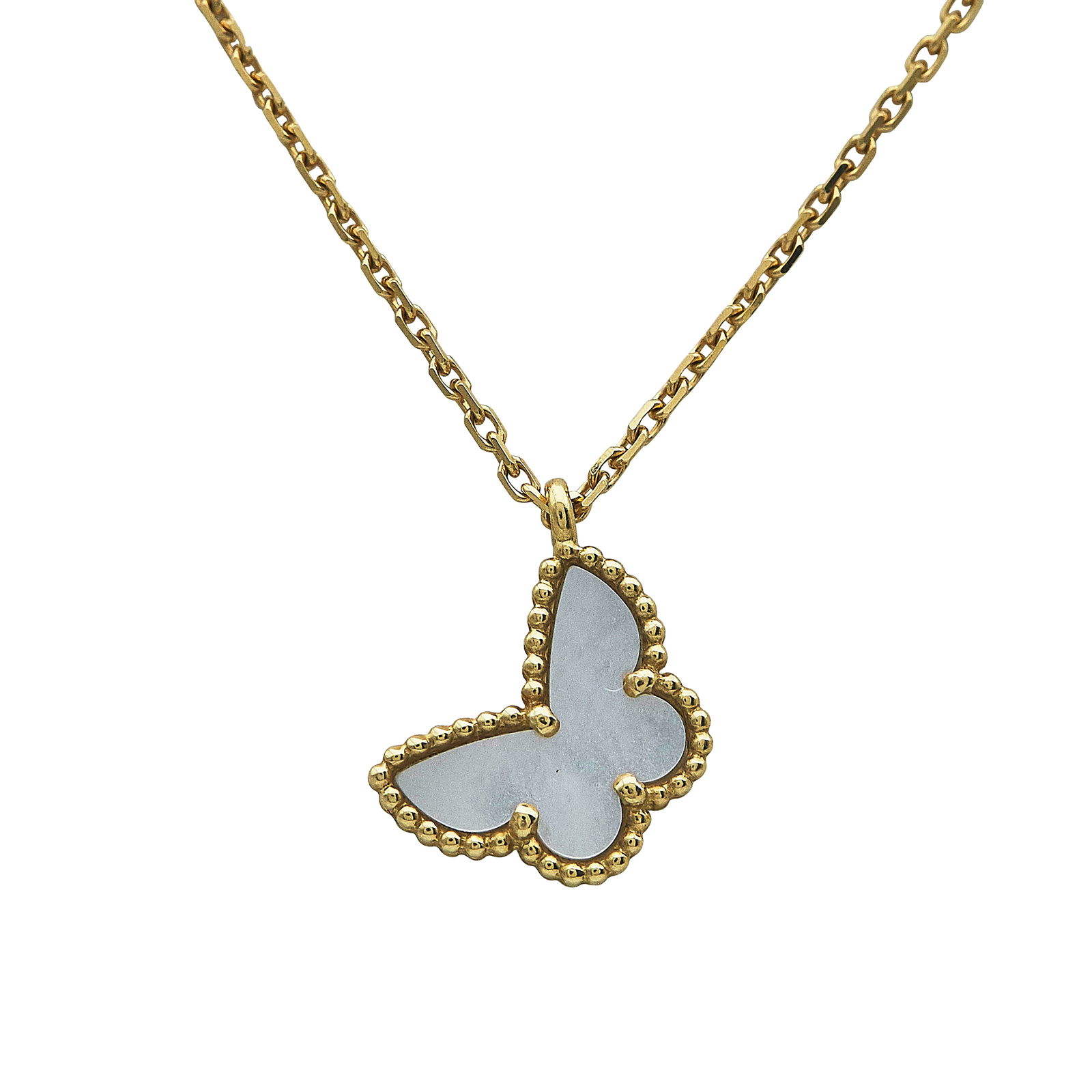 Van Cleef & Arpels Sweet Butterfly 18K Yellow Gold and Mother-of-Pearl Pendant Necklace: BRAND: VCA; COLLECTION: Sweet Butterfly; METAL: 18K Yellow Gold; GEMSTONES: Mother-of-Pearl; STAMPED: VCA, Au750, numbered; CONDITION: Pre-owned, Very Good; ITEM WEIGHT (GRAMS): 2.88 g; MEASUREMENTS: