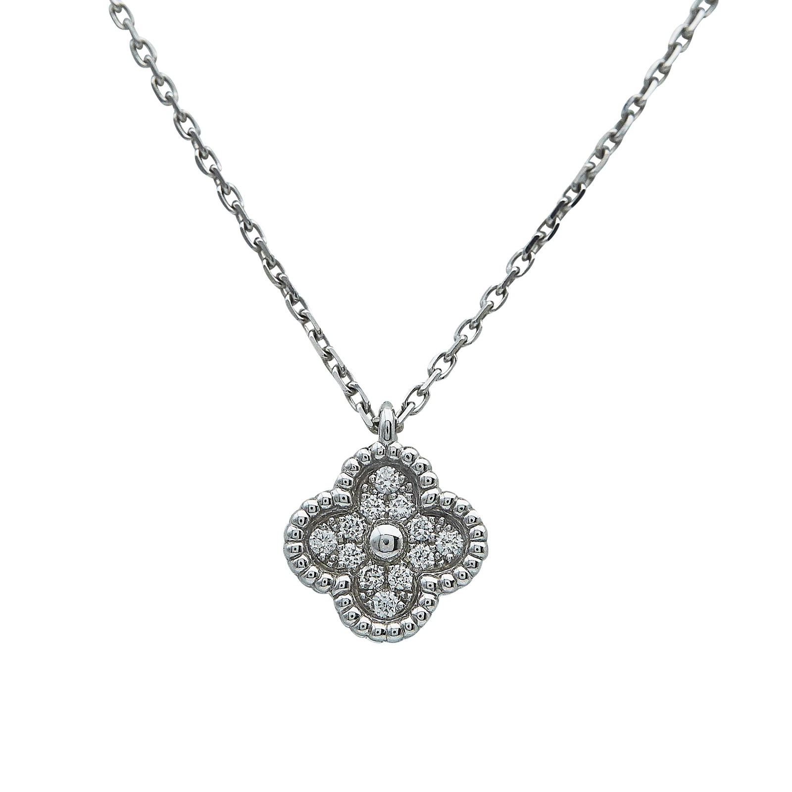 Van Cleef & Arpels Alhambra (Sweet) 18K White Gold and Diamond Pendant Necklace: BRAND: VCA; COLLECTION: Alhambra (Sweet); METAL: 18K White Gold; APPROXIMATE TOTAL DIAMOND WEIGHT: 0.08 ctw; STAMPED: VCA, Au750, numbered; CONDITION: Pre-owned; ITEM WEIGHT (GRAMS): 3.28 g; MEASUREME