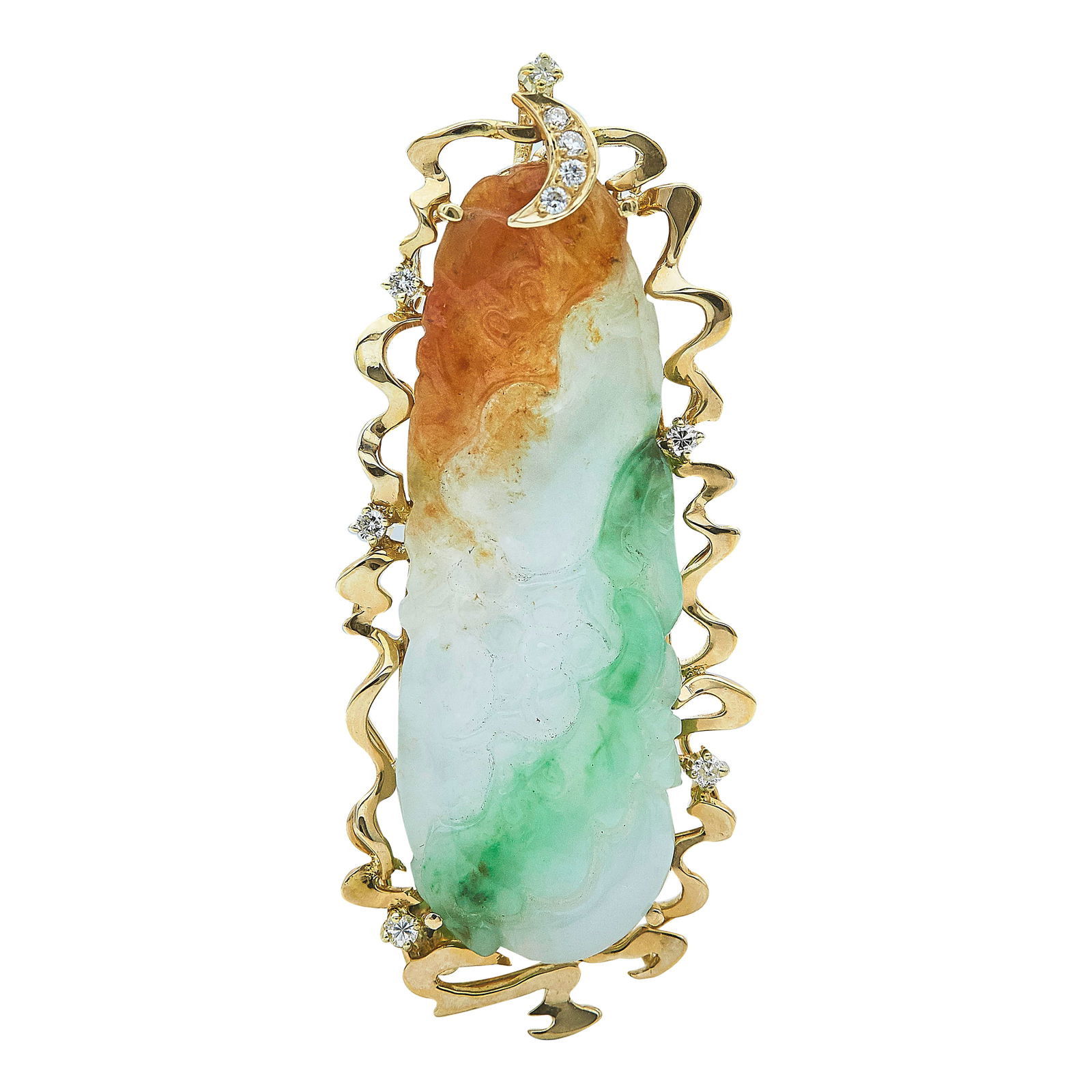 14K Yellow Gold Carved Tricolor Jade And Diamond Pendant: METAL: 14K Yellow Gold; APPROXIMATE TOTAL DIAMOND WEIGHT: 0.17 ctw; GEMSTONES: Carved Jade measuring approx. 1 7/8 inch in length by 5/8 inch in width; STAMPED: 585, 14K, maker's mark; CONDITION: Pre-