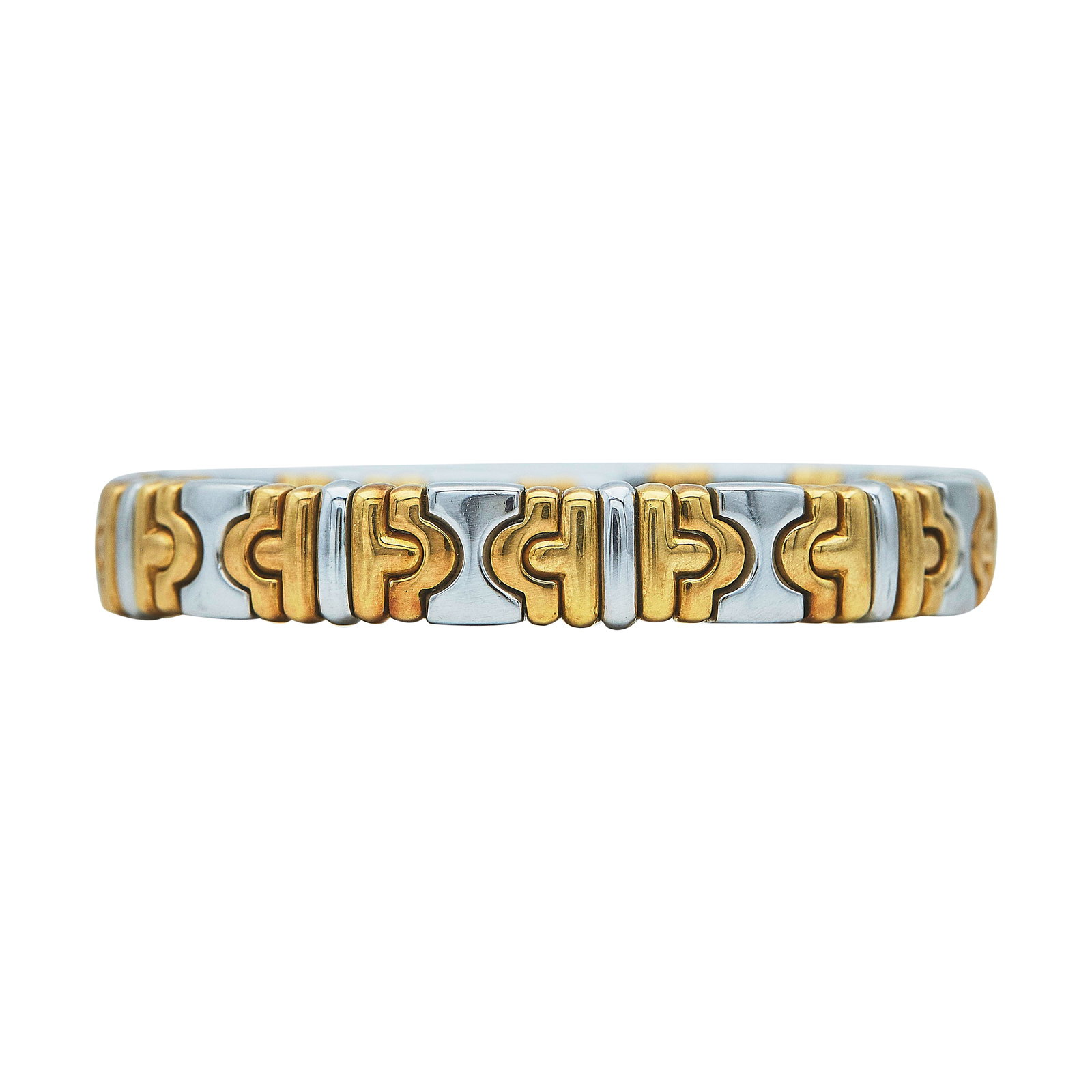 Bulgari Bvlgari Parentesi 18K Rose Gold And Stainless Steel Flexible Cuff Bracelet: BRAND: Bulgari; COLLECTION: Parentesi; METAL: 18K Rose Gold/Stainless Steel; STAMPED: BLVGARI, italian makers mark, 750, M; CONDITION: Pre-owned, Good; ITEM WEIGHT (GRAMS): 38.9 g; MEASUREMENTS: Brace
