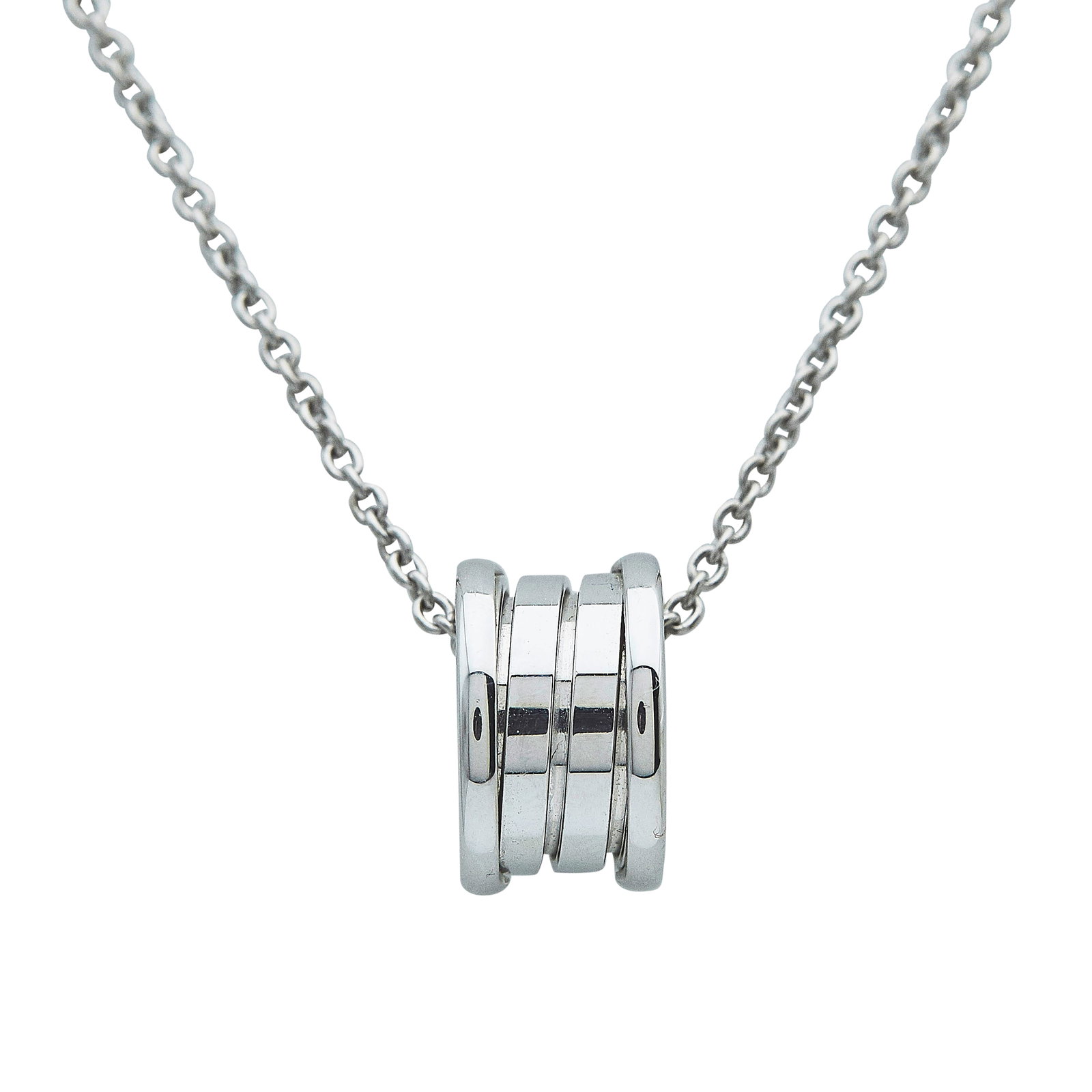 Bulgari Bvlgari B.zero1 18K White Gold Pendant Necklace: BRAND: Bulgari; COLLECTION: B.zero1; METAL: 18K White Gold; STAMPED: BVLGARI, 750, italian makers mark, MADE IN ITALY, makers mark; CONDITION: Pre-owned, Good; ITEM WEIGHT (GRAMS): 12 g; MEASUREMENTS: