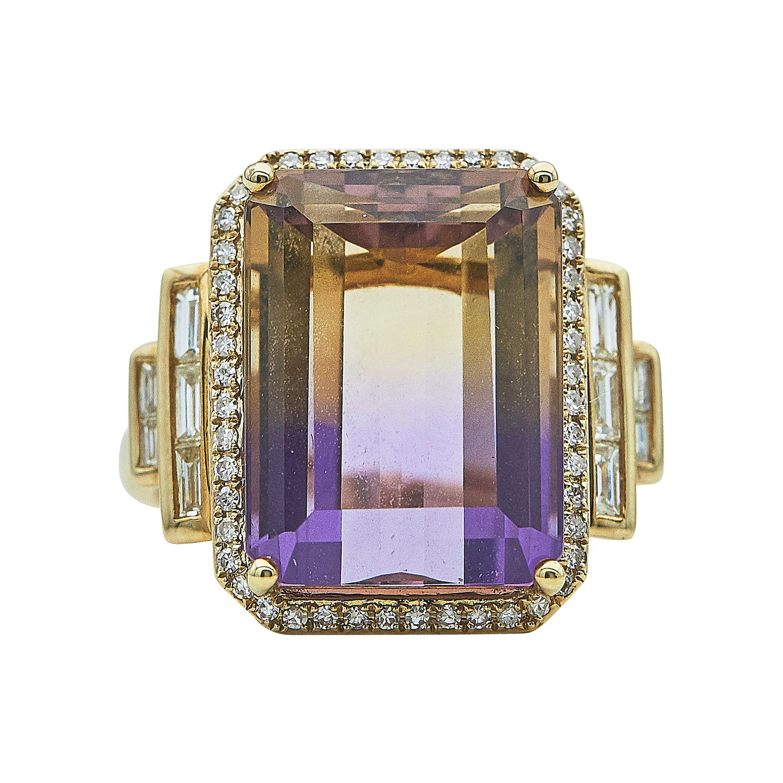 EFFY 14K Yellow Gold Ametrine And Diamond Halo Ring: BRAND: EFFY; METAL: 14K Yellow Gold; APPROXIMATE TOTAL DIAMOND WEIGHT: 0.56 ctw; GEMSTONES: Ametrine weighing approx. 15.77 carats; STAMPED: 14K EFFY; CONDITION: Pre-owned, Good; ITEM WEIGHT (GRAMS):