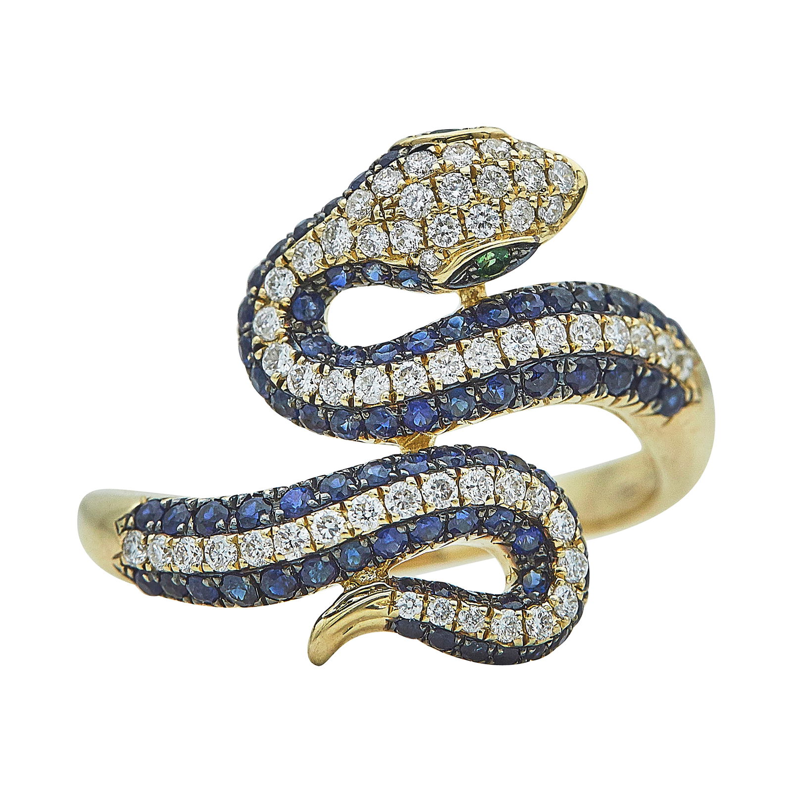 EFFY Safari 14K Yellow Gold Sapphire, Diamond, And Tsavorite Snake Ring: BRAND: EFFY; METAL: 14K Yellow Gold; APPROXIMATE TOTAL DIAMOND WEIGHT: 0.54 ctw; GEMSTONES: Blue Sapphires weighing approx. 0.95 cttw, Tsavorites weighing approx. 0.03 cttw; STAMPED: 14K, EFFY; CONDIT